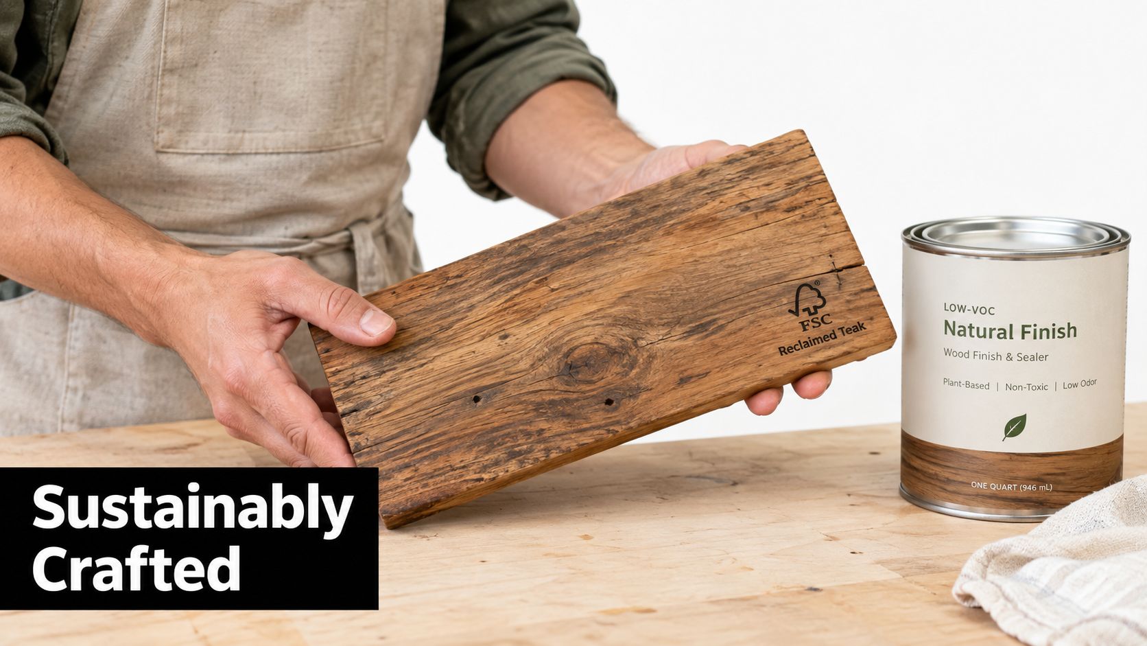 A person holding a piece of reclaimed FSC-certified teak wood next to a can of natural wood finish.