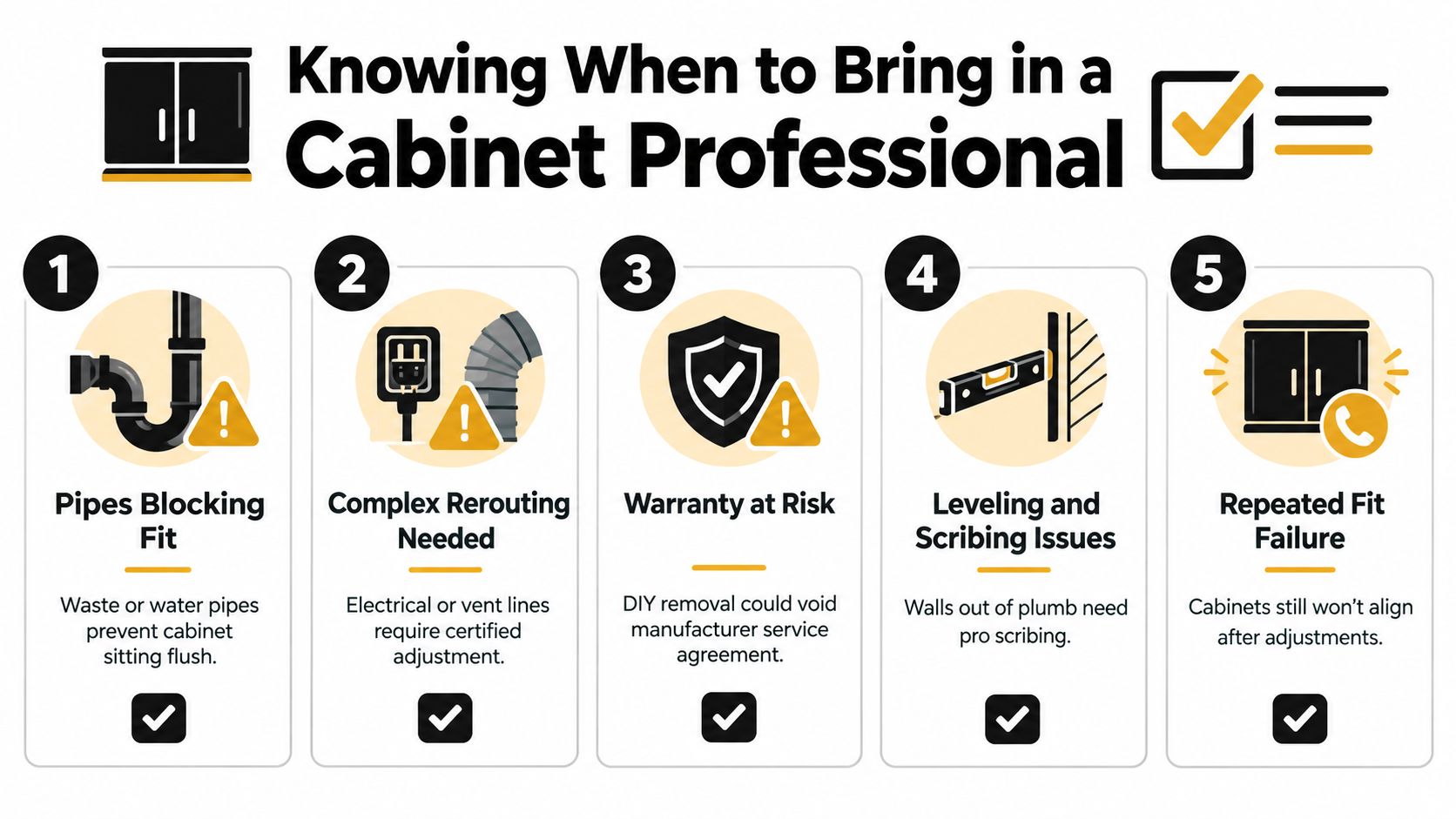 An infographic titled Knowing When to Bring in a Cabinet Professional, highlighting five common reasons to hire help.