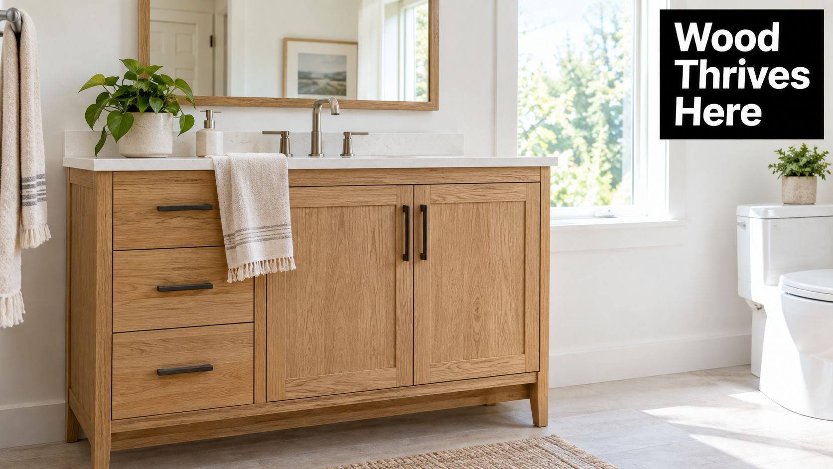 A modern bathroom featuring custom wood cabinets with a white countertop, mirror, and natural light.