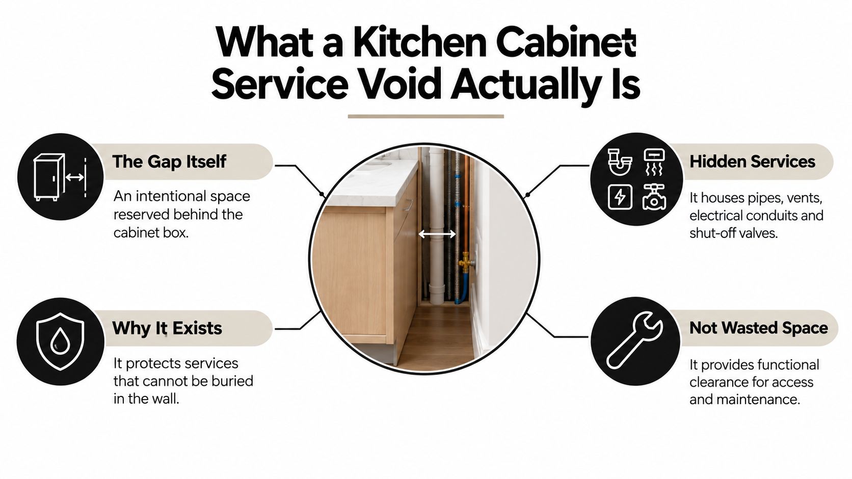 A diagram explaining a kitchen cabinet service void, showing hidden pipes and utilities behind the cabinet structure.