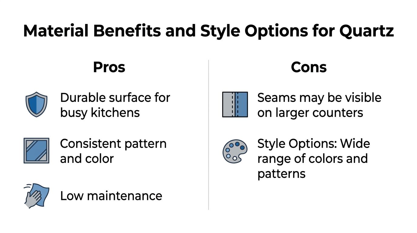 A comparative chart showing the advantages and disadvantages of quartz surfaces for kitchen countertops.