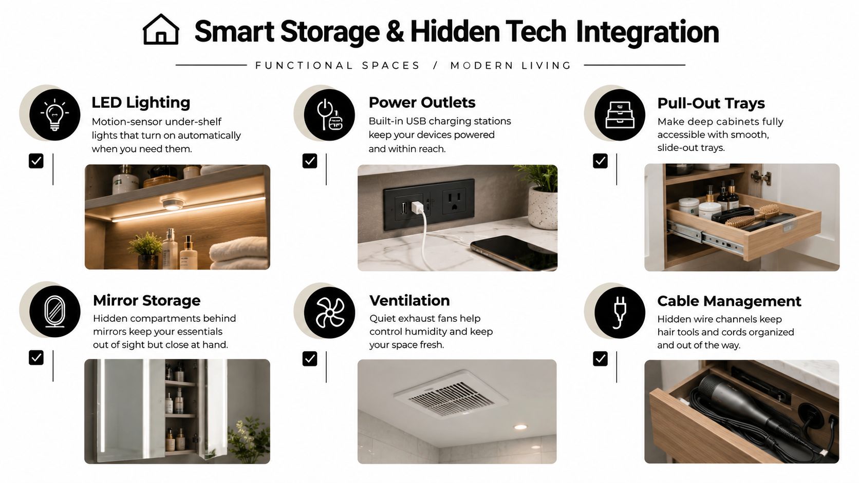 A design infographic detailing smart storage and hidden technology features for modern bathroom cabinets and vanities.