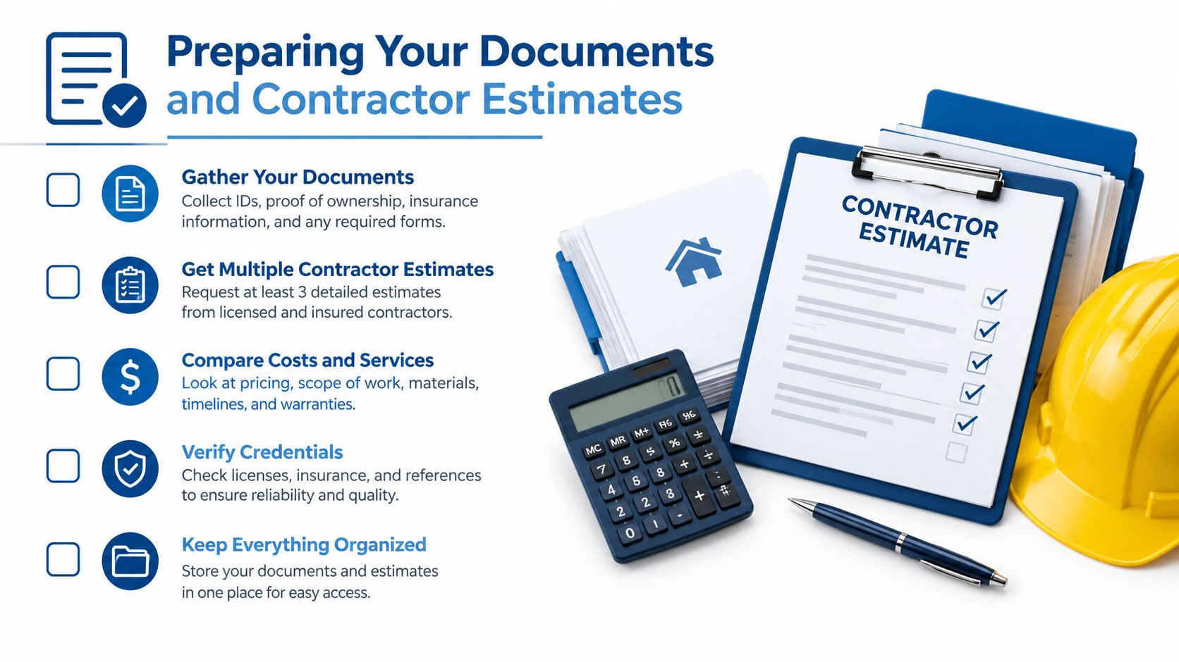 An infographic titled Preparing Your Documents and Contractor Estimates detailing steps for homeowners managing renovation projects and contracts.