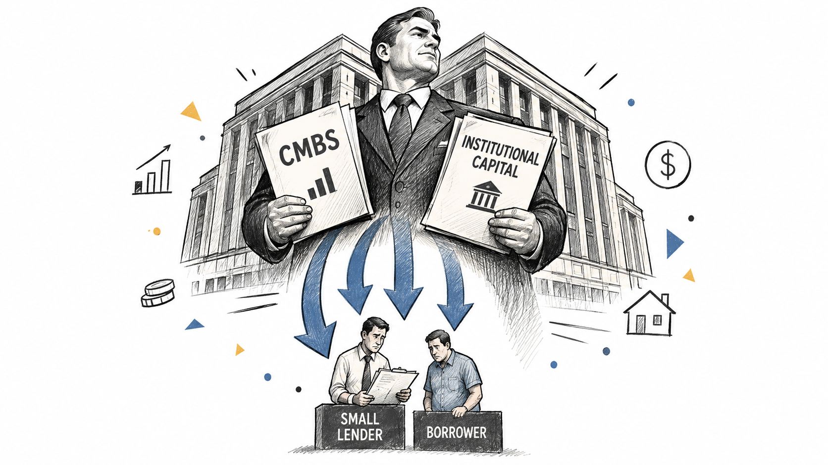 A professional illustration showing a central business figure directing CMBS and institutional capital toward a lender and borrower.
