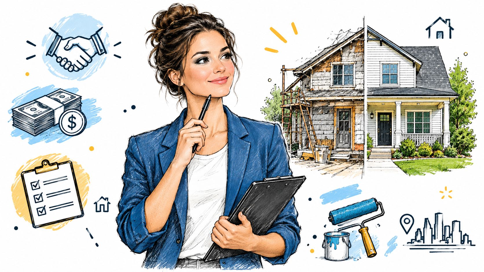 A professional woman planning home renovations with financial, construction, and property management icons around her.