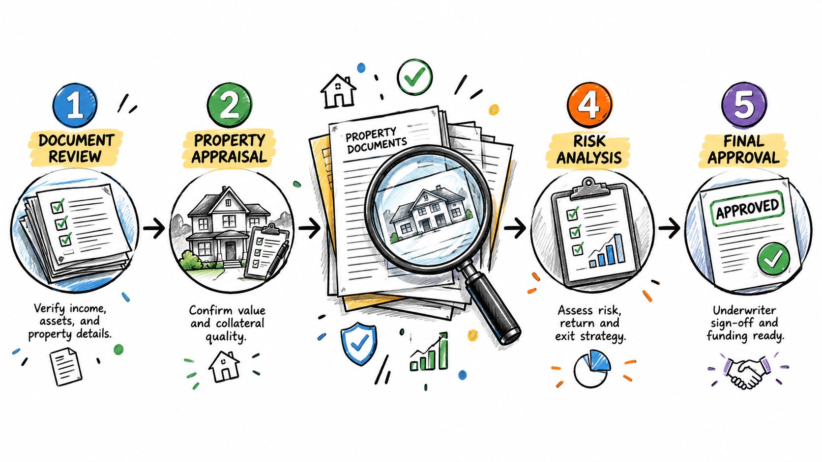 An infographic showing the five-step process of a real estate loan approval workflow from documentation to final funding.