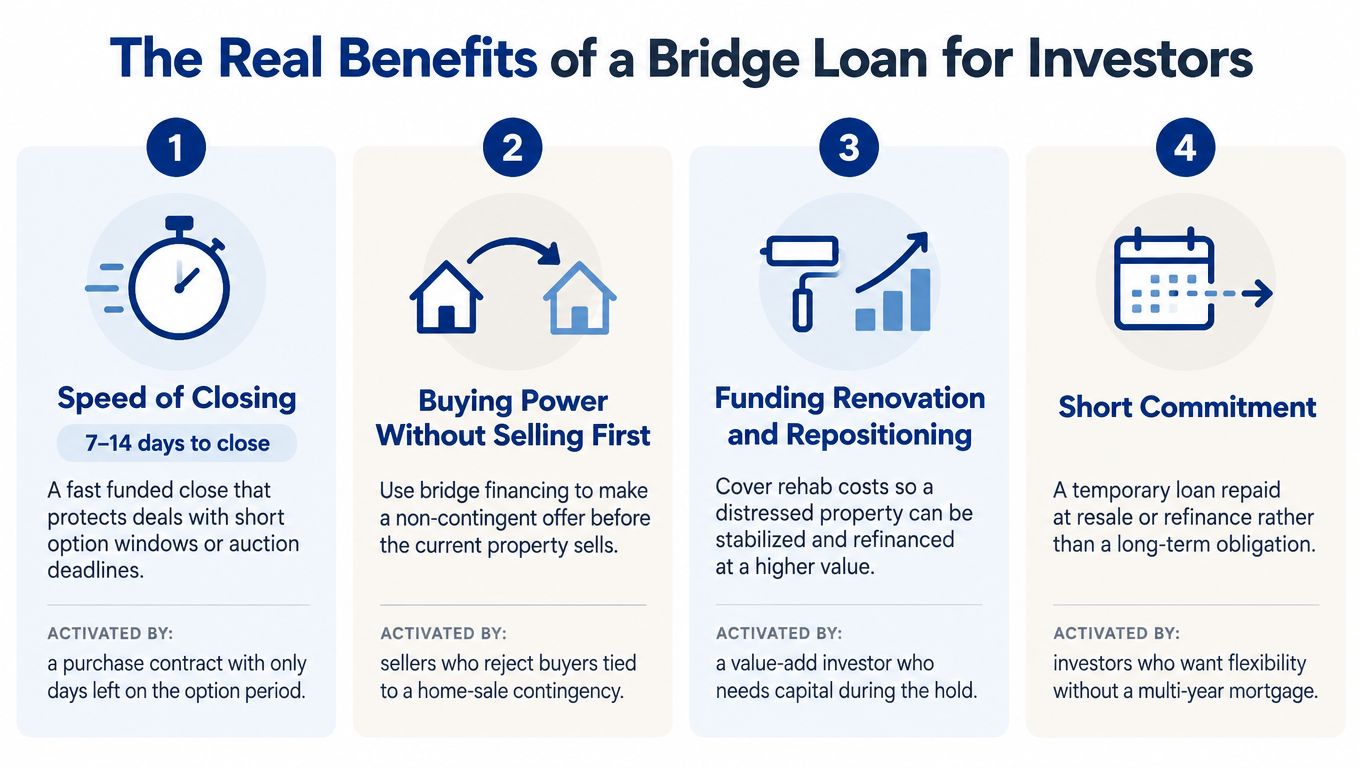 An infographic detailing four primary benefits of using bridge loans for real estate investors.