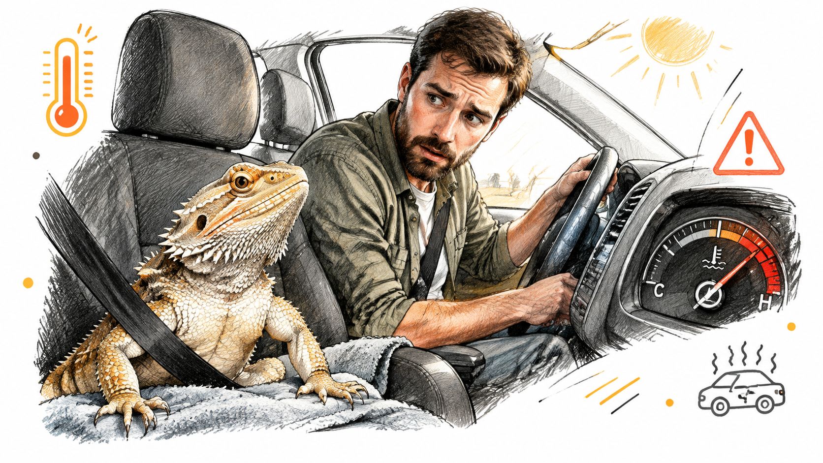A concerned driver looks at his bearded dragon sitting in the passenger seat of an overheating car.