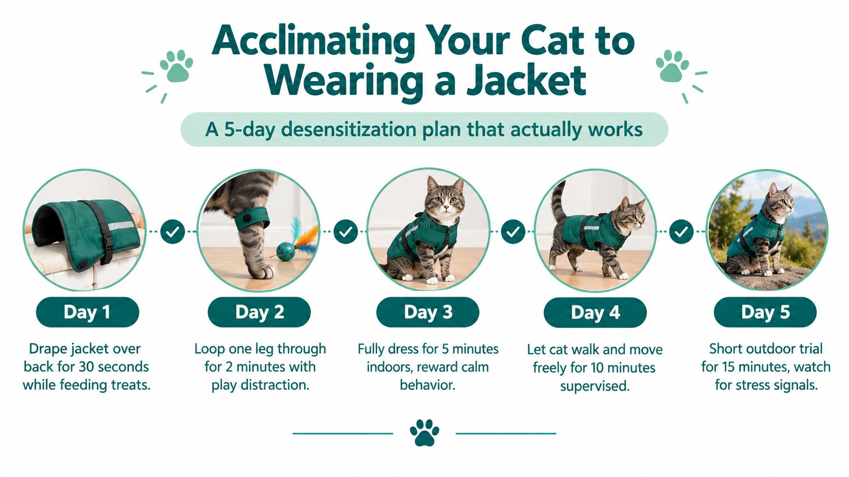 A five-day infographic guide on how to acclimate a cat to wearing a small green jacket.