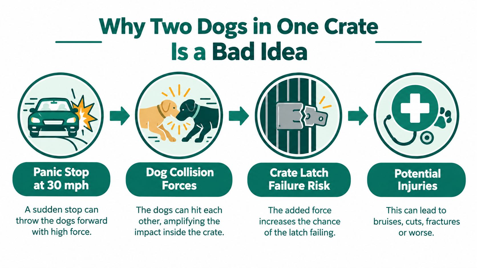 An infographic showing why two dogs in one crate during a car accident is dangerous.