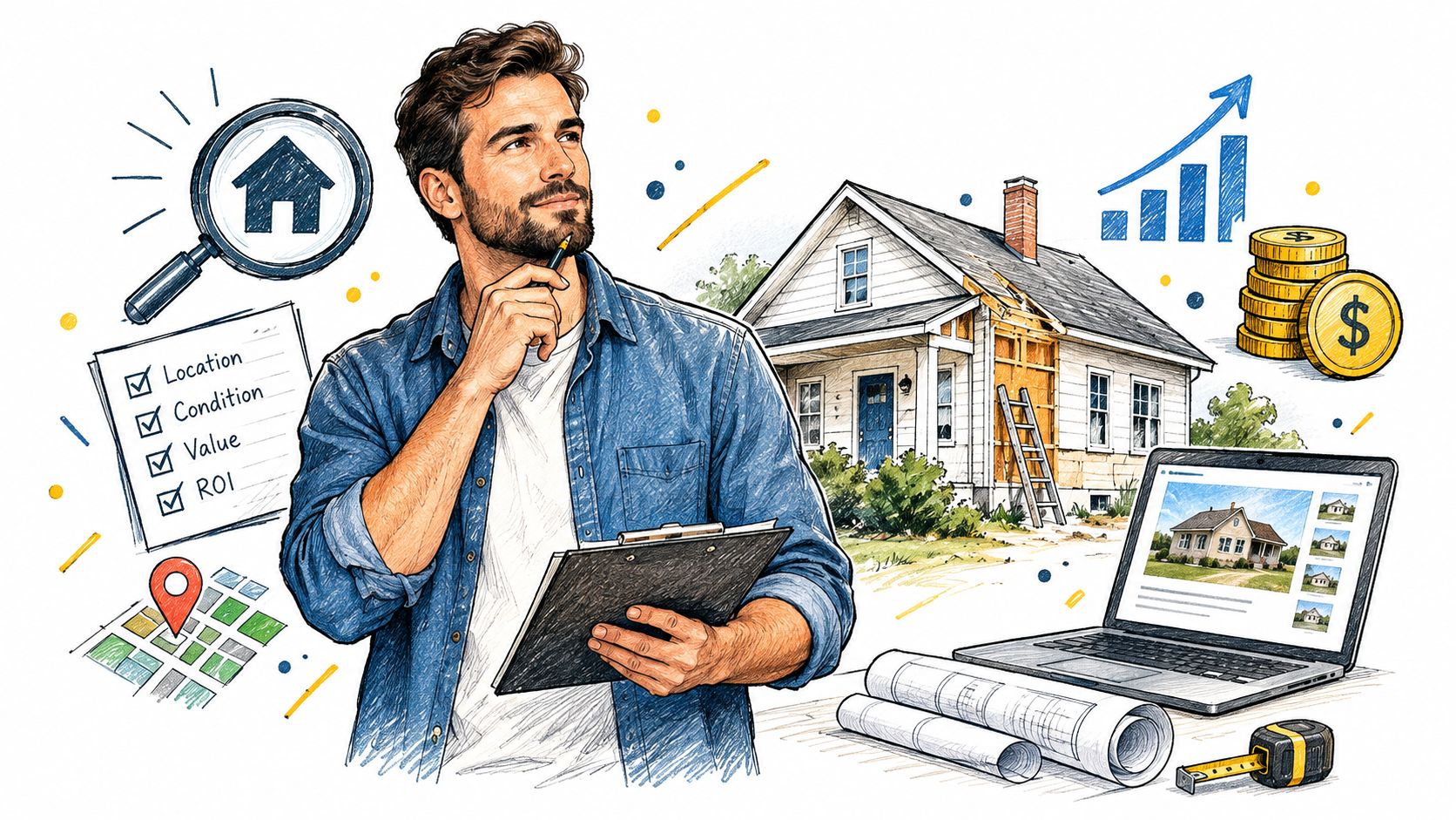 A man evaluating a house renovation project with a checklist, blueprints, and digital property investment analysis.