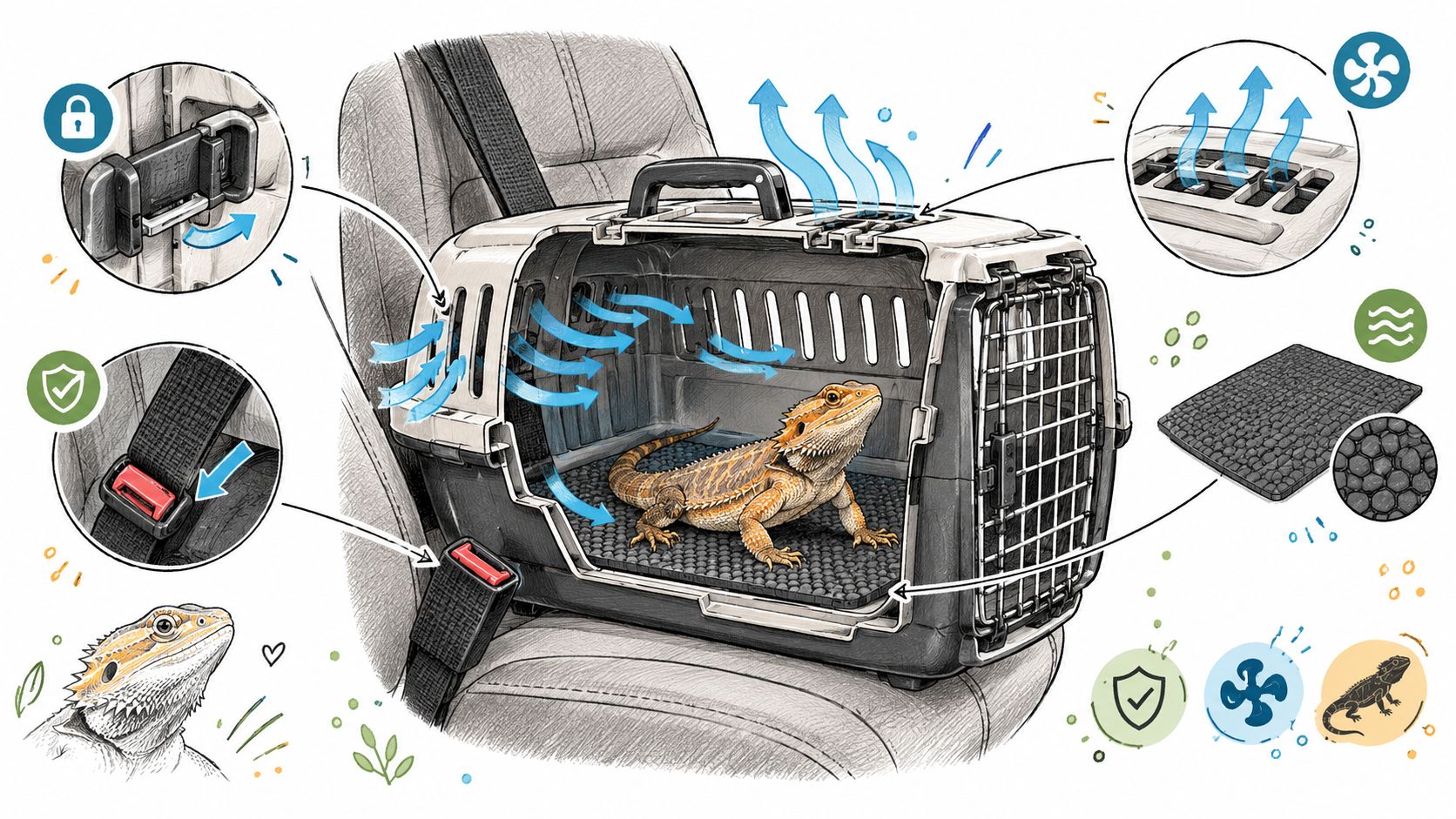 A bearded dragon sitting inside a ventilated travel carrier secured with a seatbelt on a car seat.