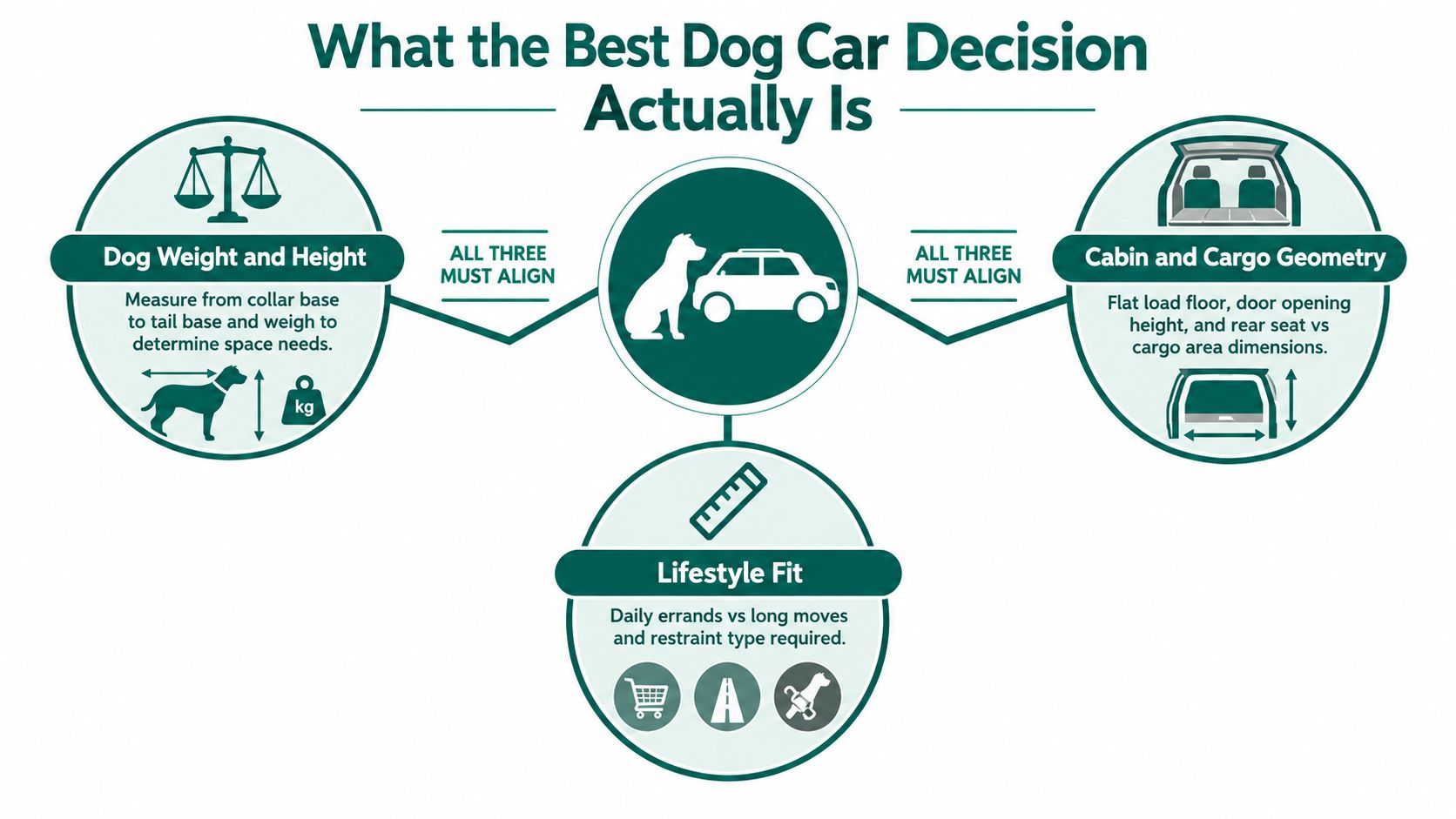 An infographic showing the three essential factors for choosing a car suitable for a dog.