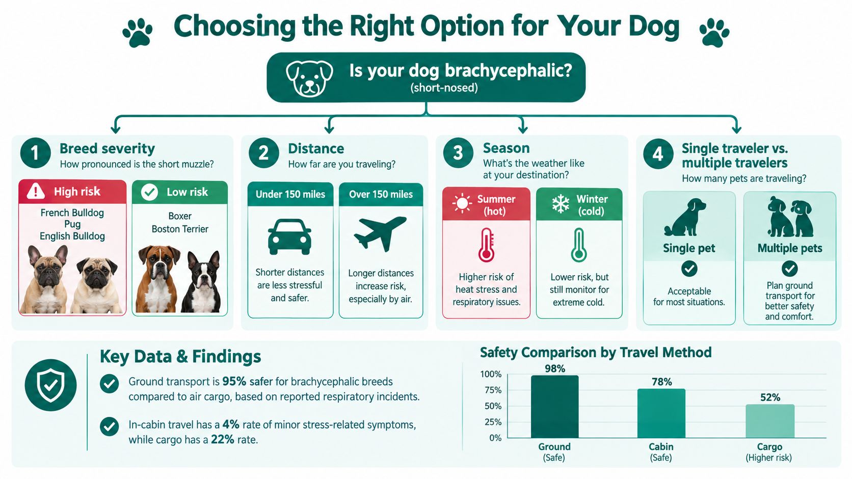 An infographic titled Choosing the Right Option for Your Dog, focusing on travel safety for brachycephalic dog breeds.