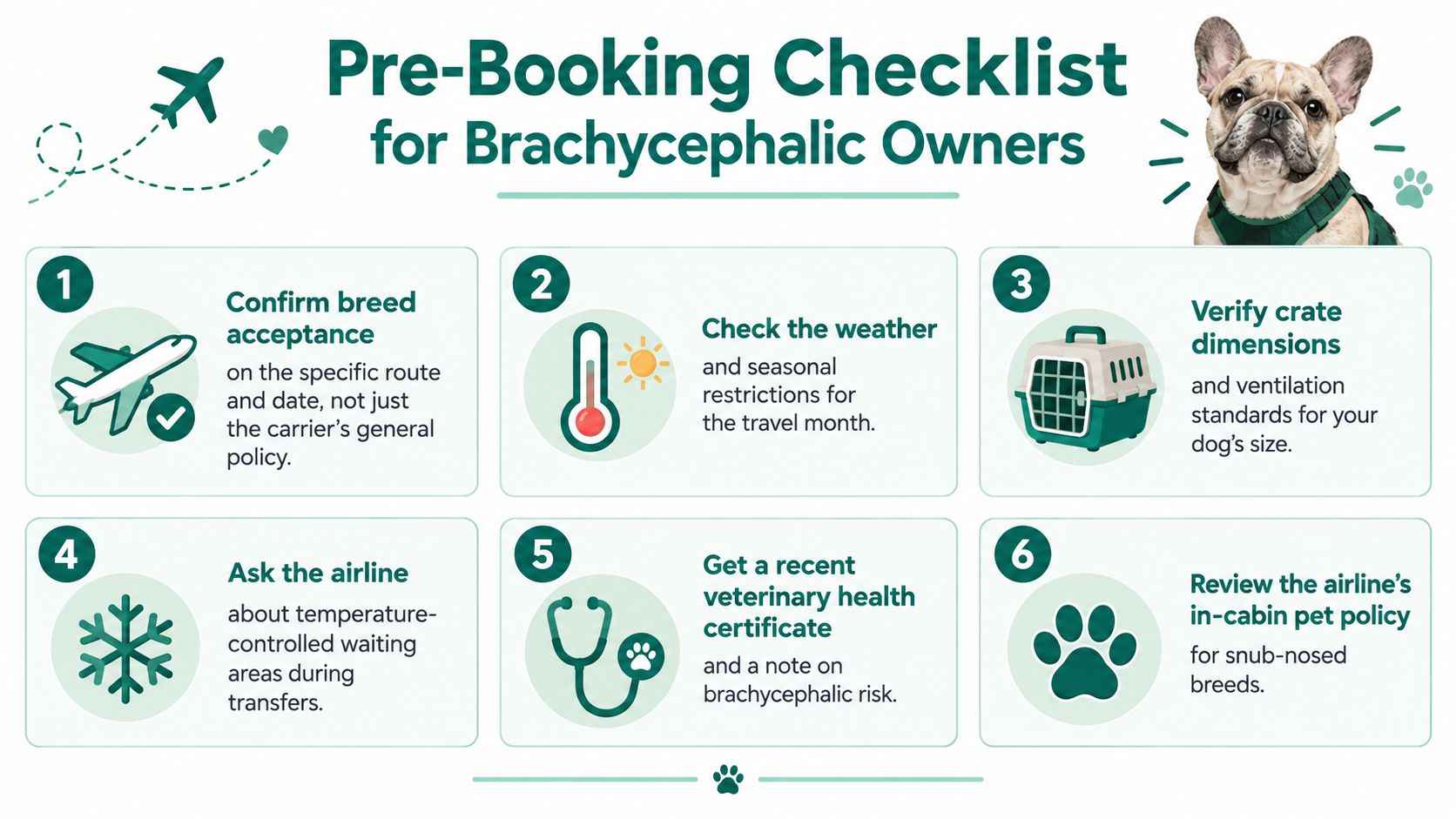 A six-step pre-booking checklist infographic for owners of brachycephalic, or short-nosed, dogs traveling by airplane.