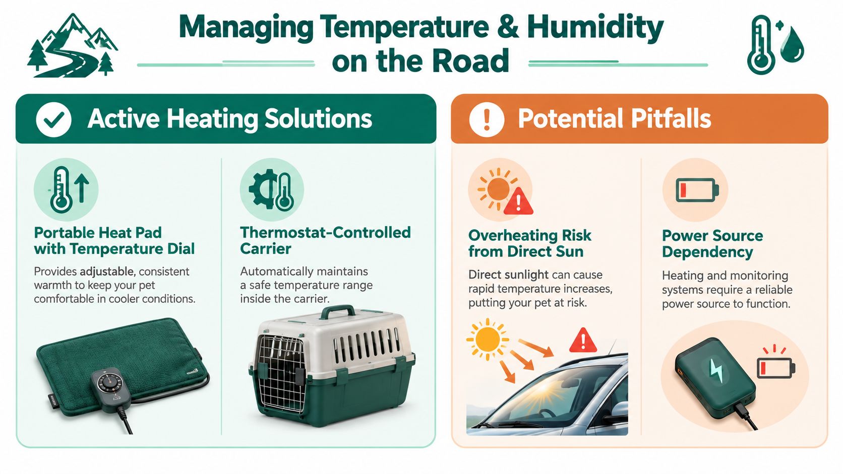 An infographic showing active heating solutions and potential environmental hazards for pets when traveling on the road.