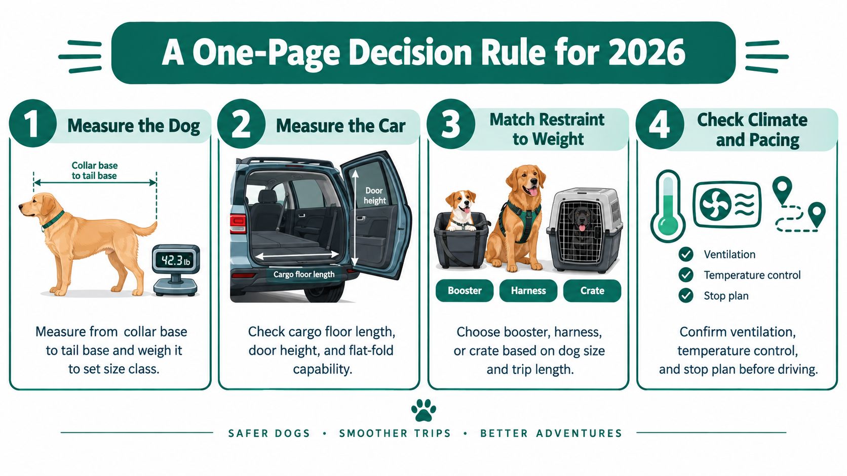 A four-step infographic guide for safely and comfortably transporting dogs in vehicles for the year 2026.