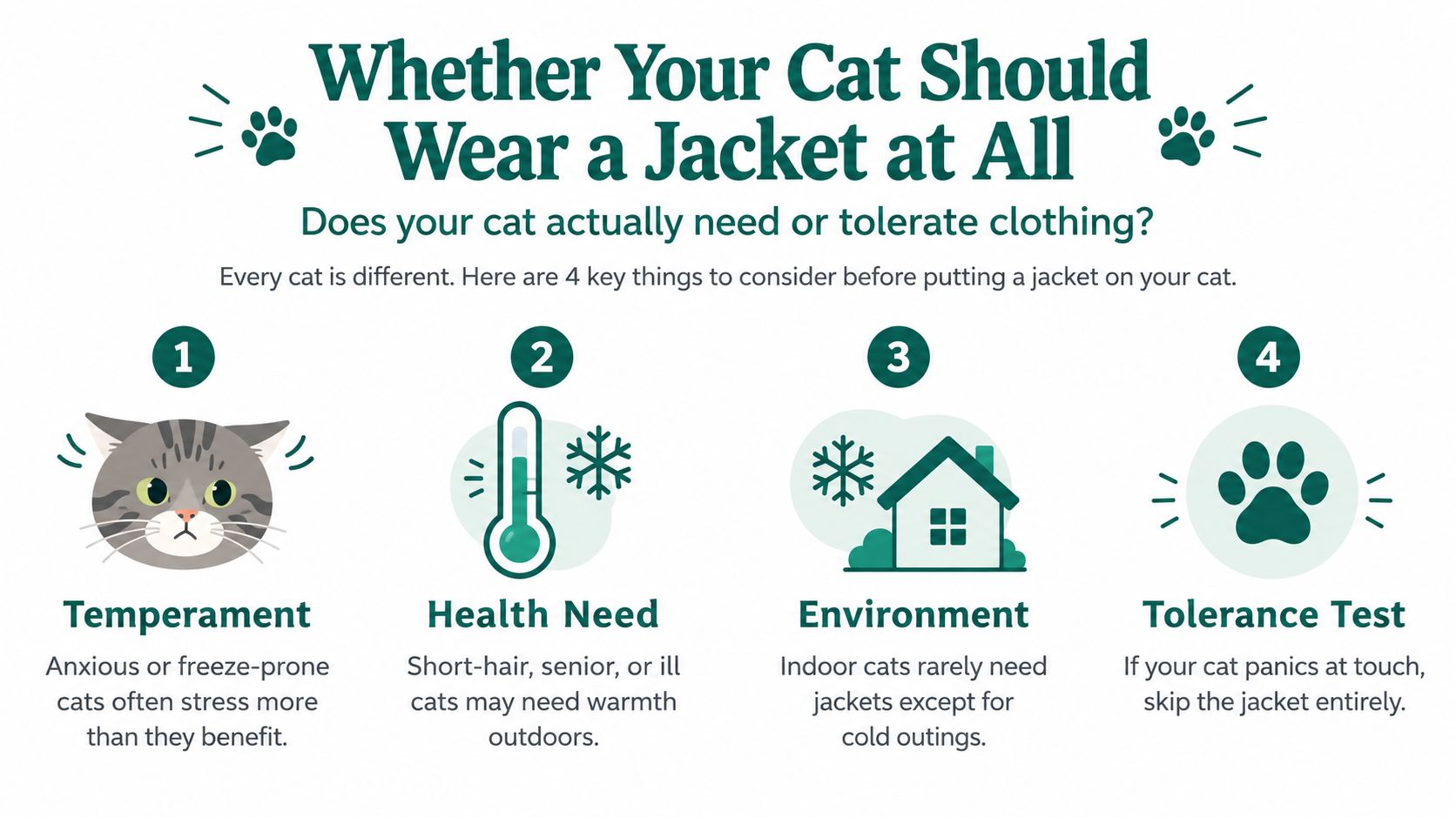 An infographic titled Whether Your Cat Should Wear a Jacket with four key considerations for owners.
