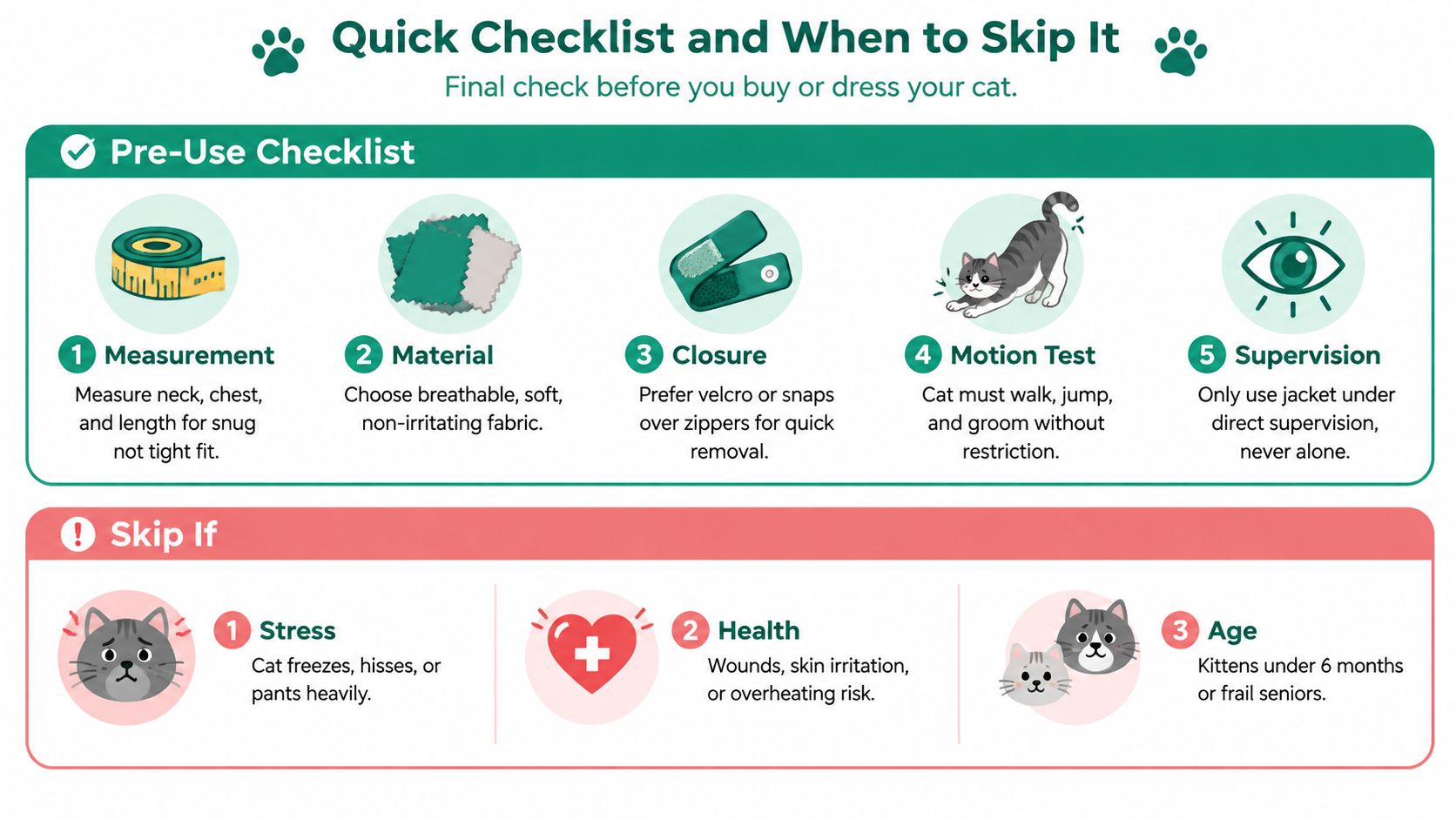 An infographic titled Quick Checklist and When to Skip It for dressing a cat in a jacket.
