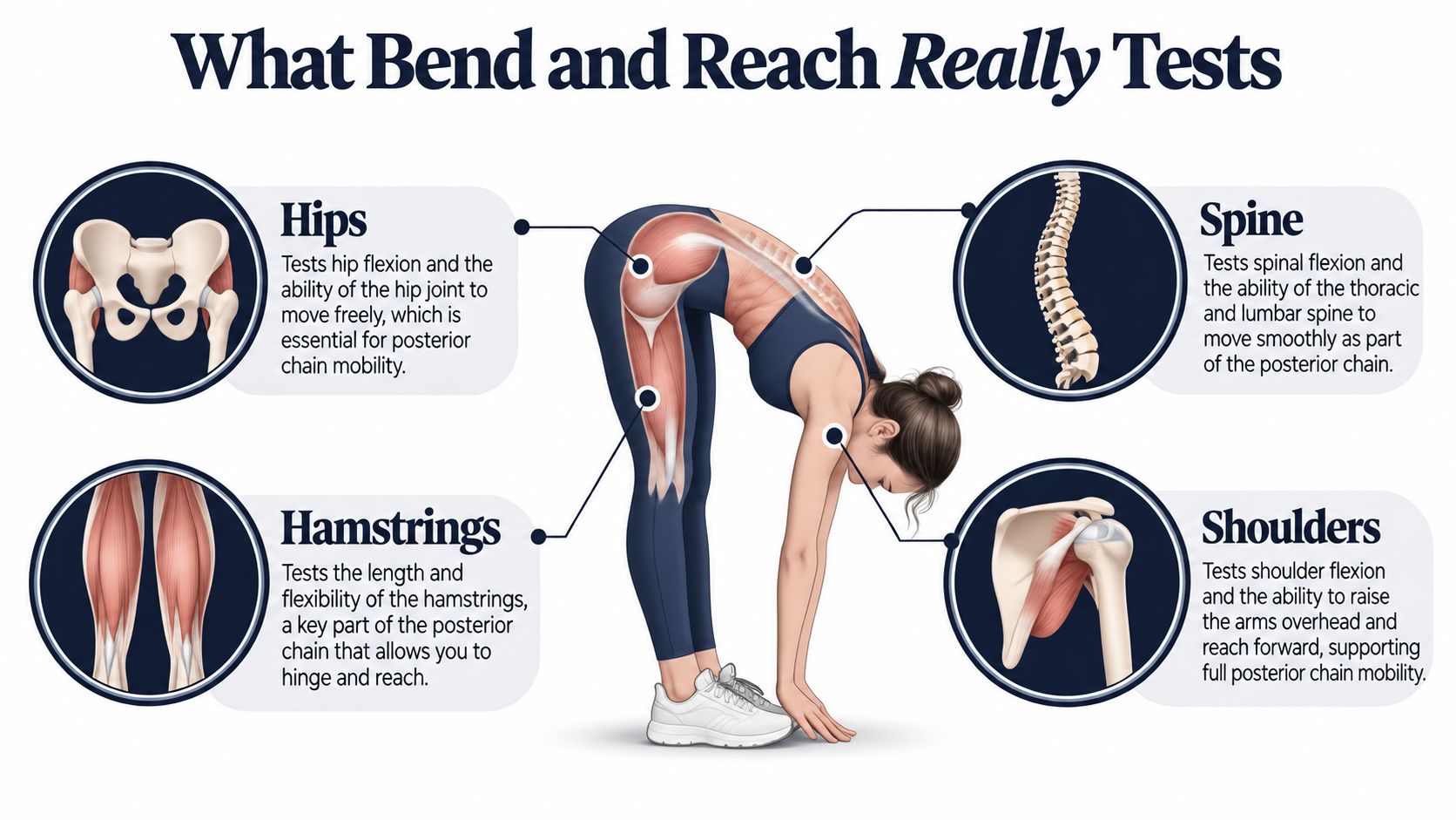 An infographic showing how the bend and reach exercise assesses hip, spine, hamstring, and shoulder mobility.
