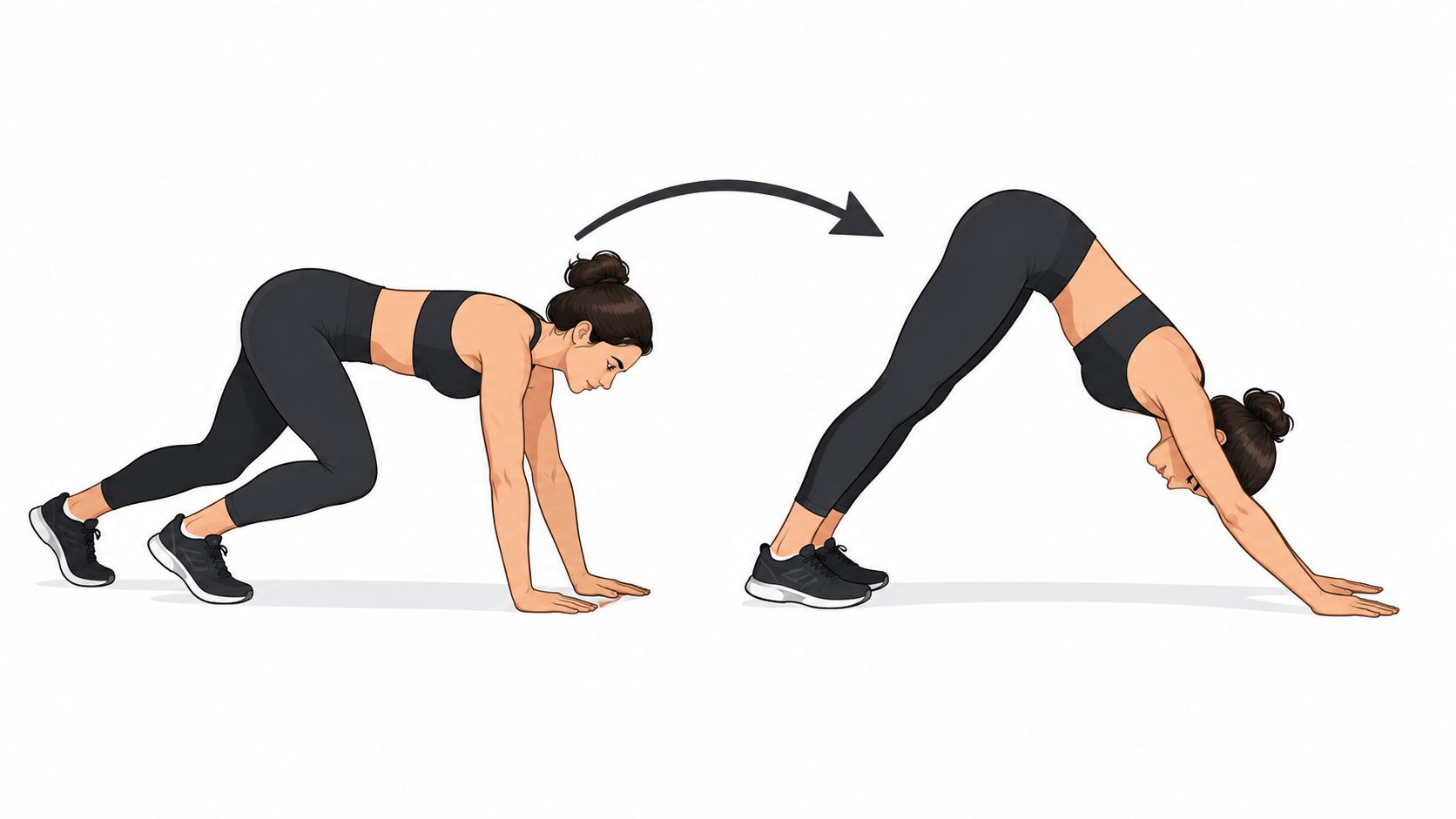 A woman demonstrating the bear crawl to downward dog transition exercise for a full body workout.