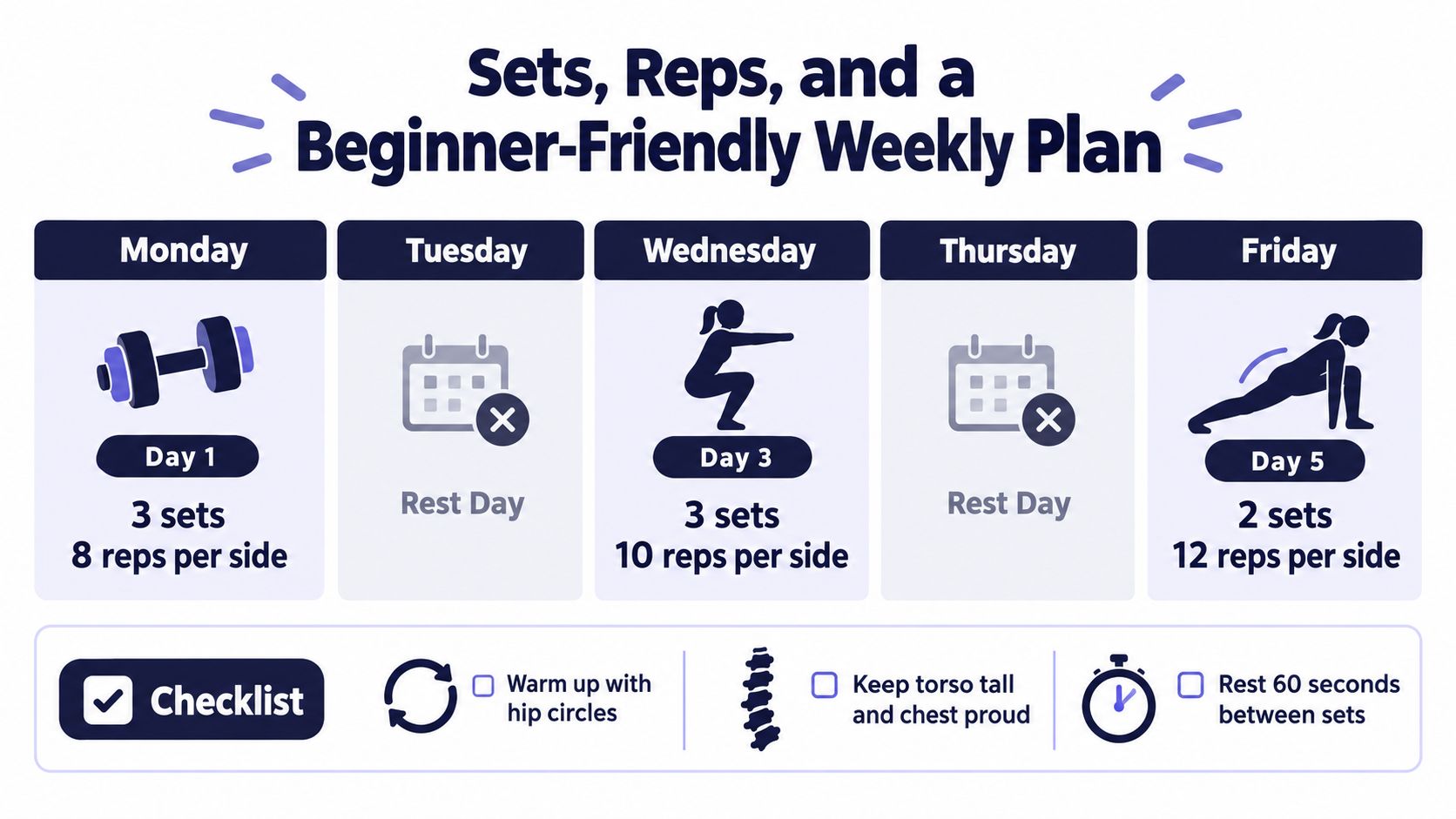 A weekly fitness plan graphic featuring exercise days, rest days, and a checklist for beginners.