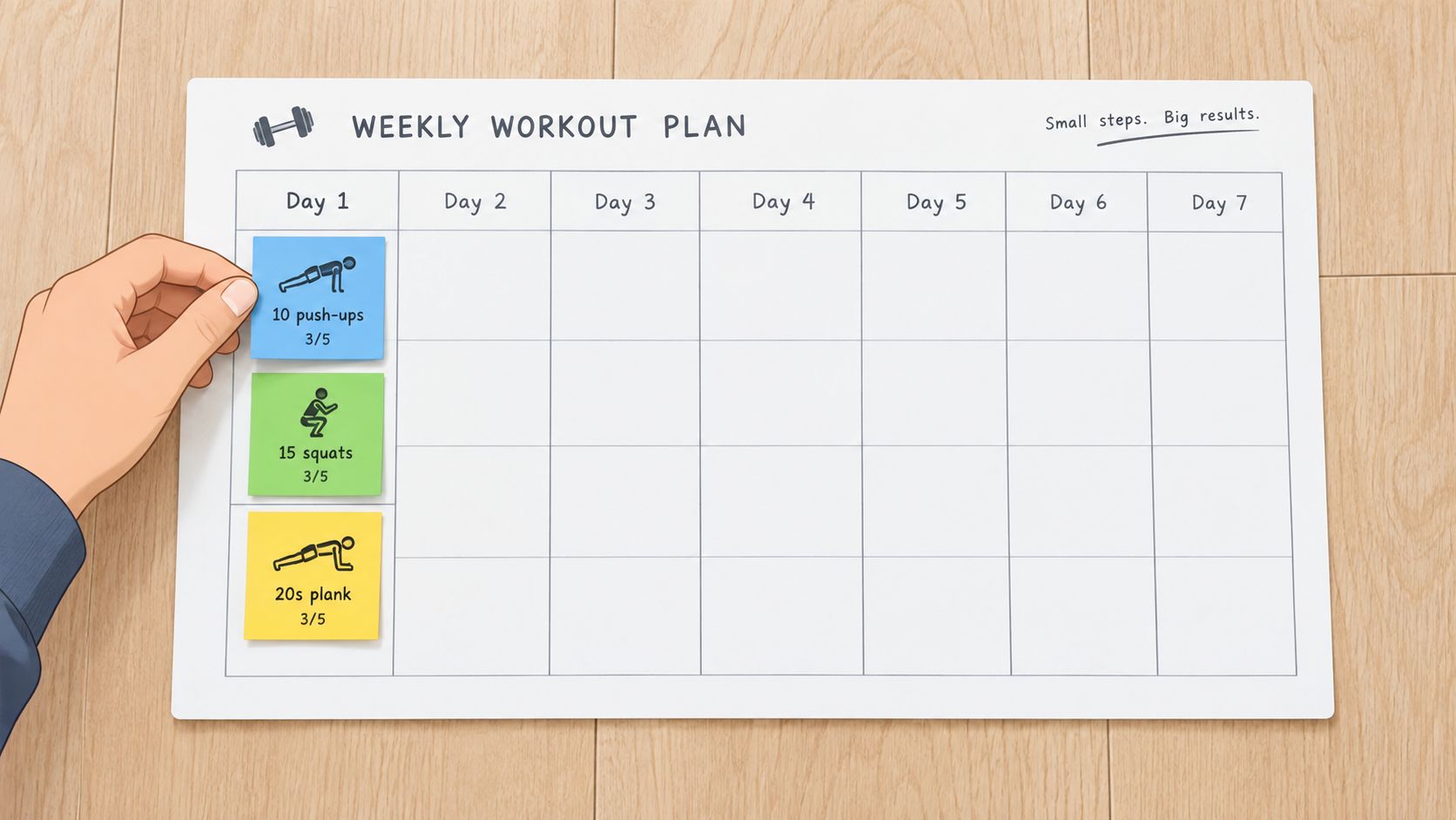 A hand placing a colorful sticky note on a weekly workout planner on a wooden surface.