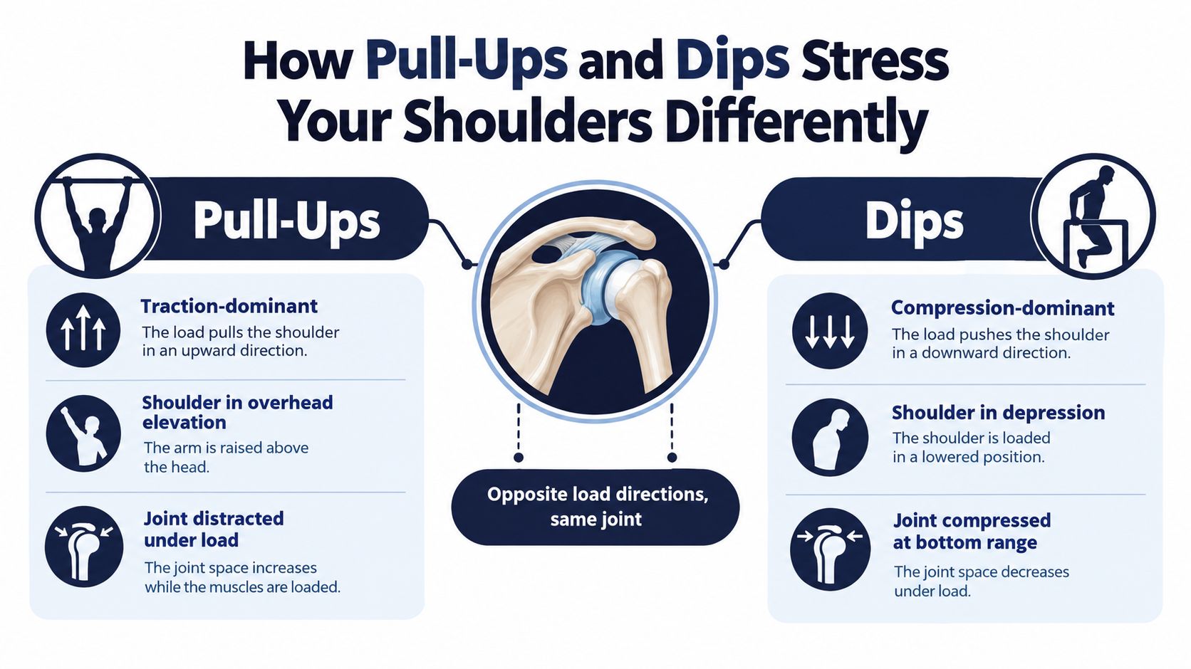 An infographic showing the different biomechanical effects of pull-ups and dips on the shoulder joint structure.