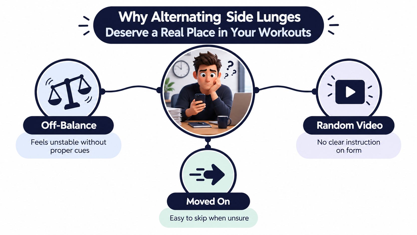 A diagram illustrating why people struggle with alternating side lunges including imbalance, confusing videos, and skipping.