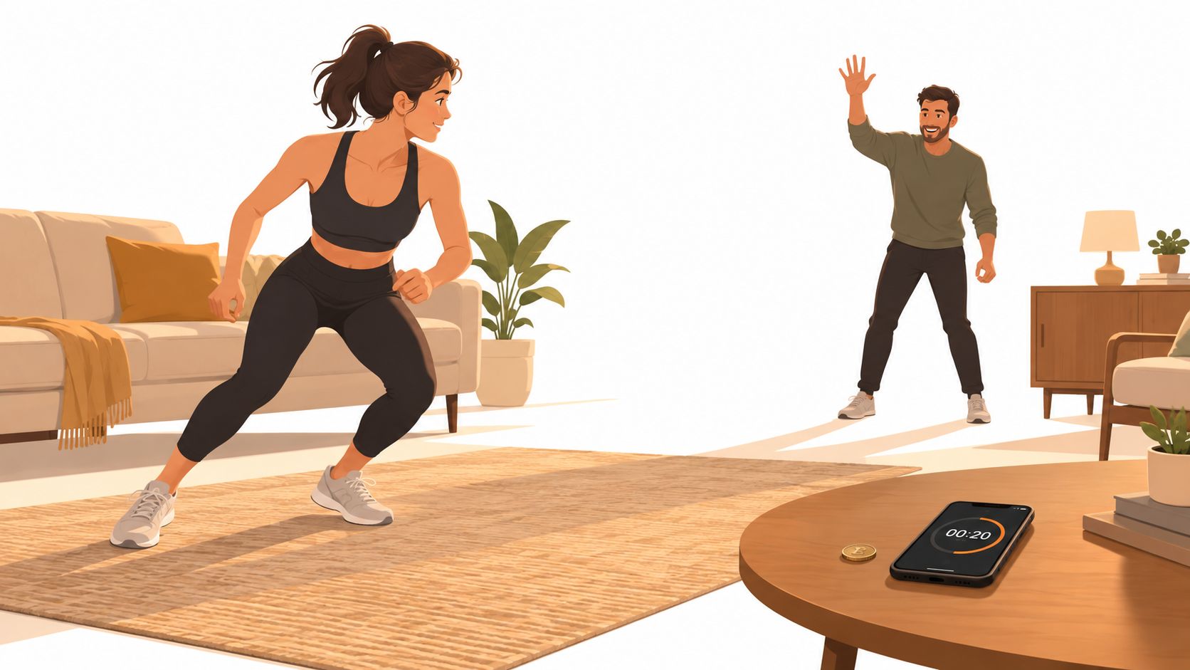 A fit woman exercising at home while a man observes in a bright, modern living room.