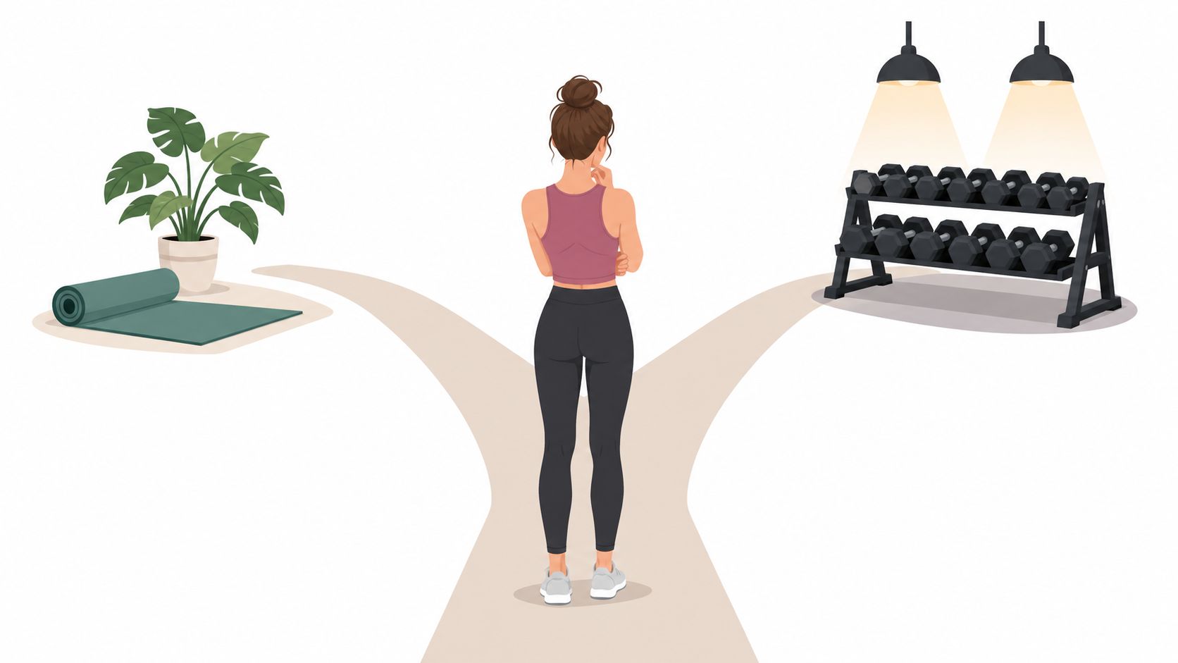 A person standing at a fork in the path, deciding between yoga and weightlifting training.