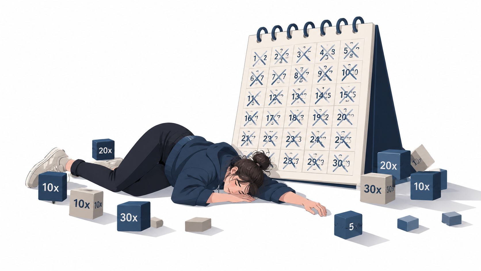 A tired person lying on the floor next to a large calendar marked with many crossed-out days.