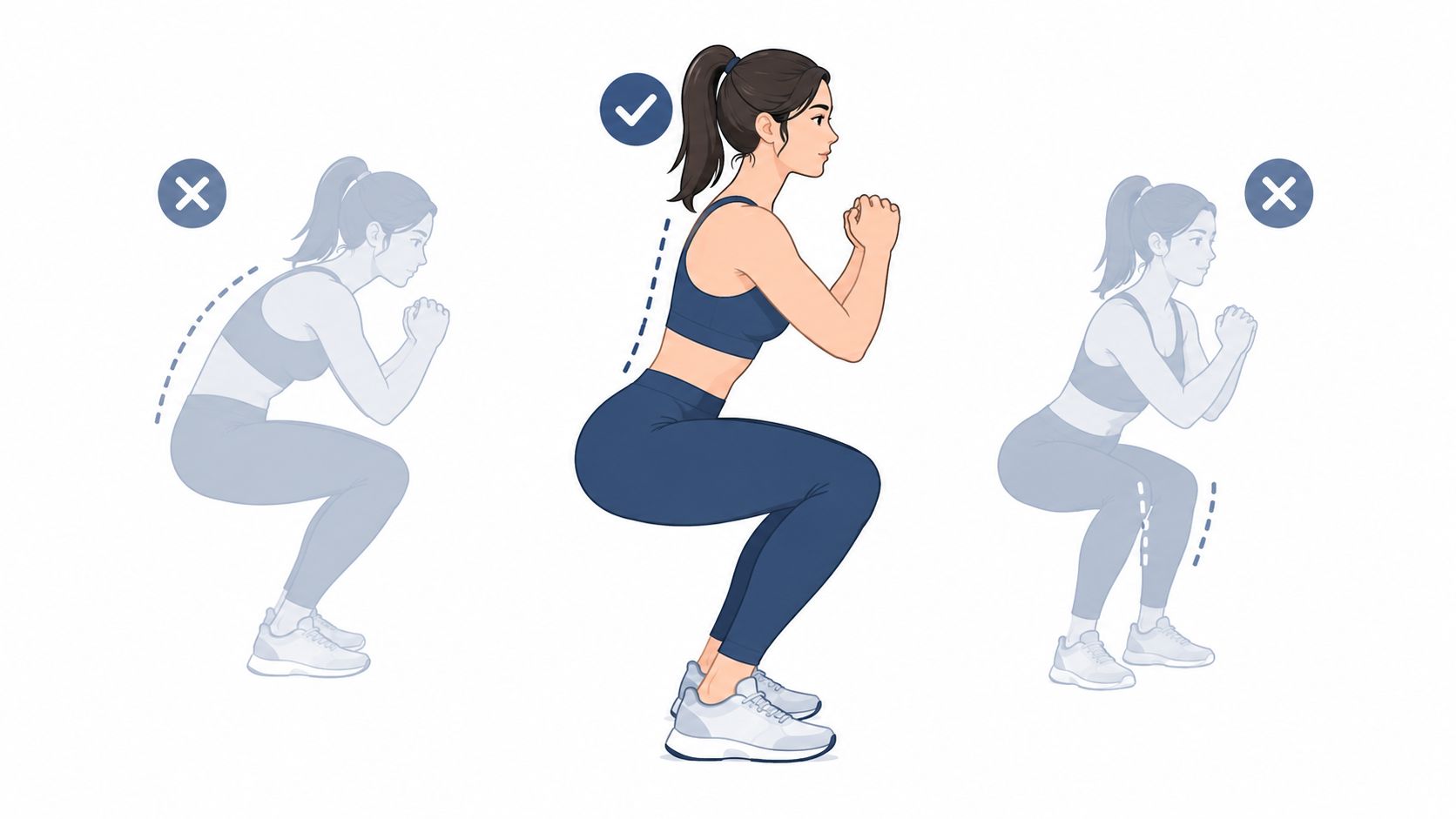 A diagram illustrating the correct form for a squat compared to two incorrect postural variations.