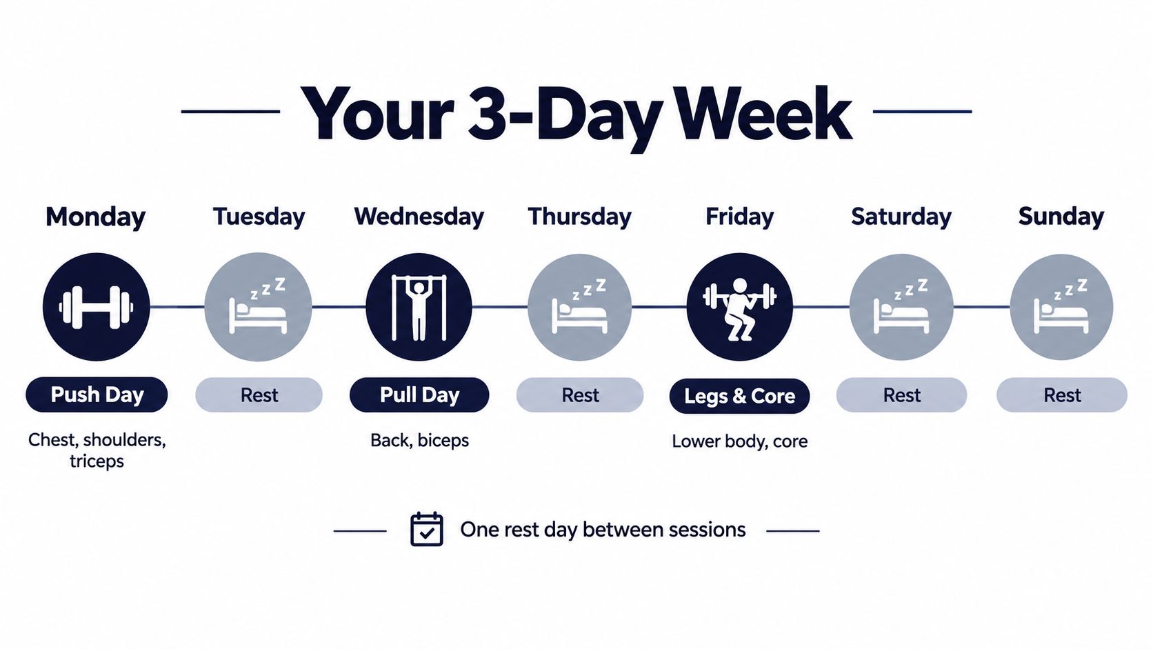 A weekly workout schedule infographic displaying a three-day routine with dedicated rest days between gym sessions.