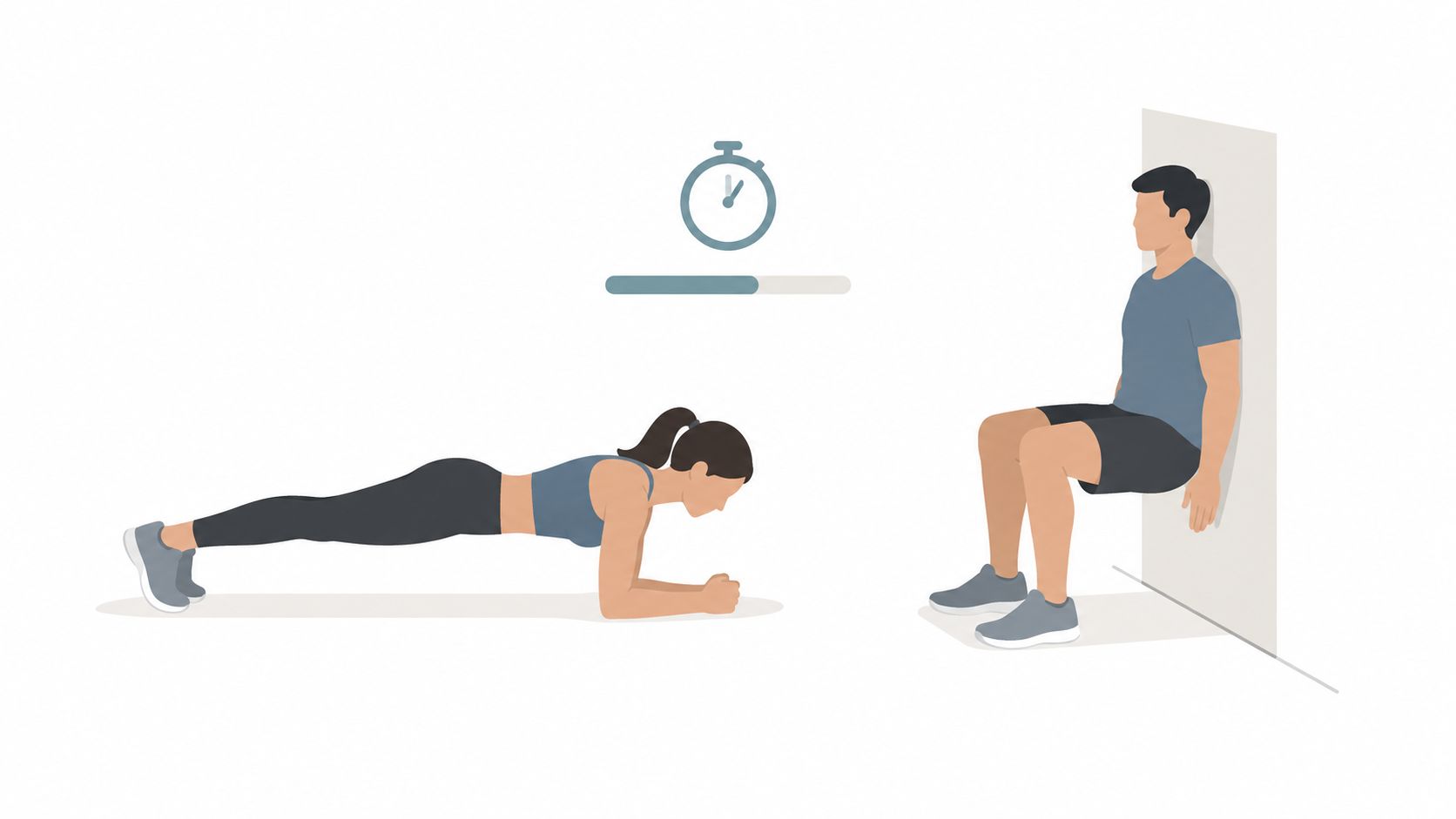 A woman performing a forearm plank and a man performing a wall sit exercise.