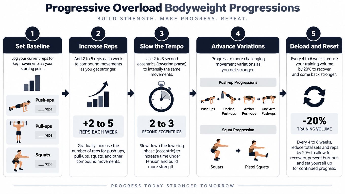 An infographic showing a five-step process for progressive overload using bodyweight exercises to build strength.