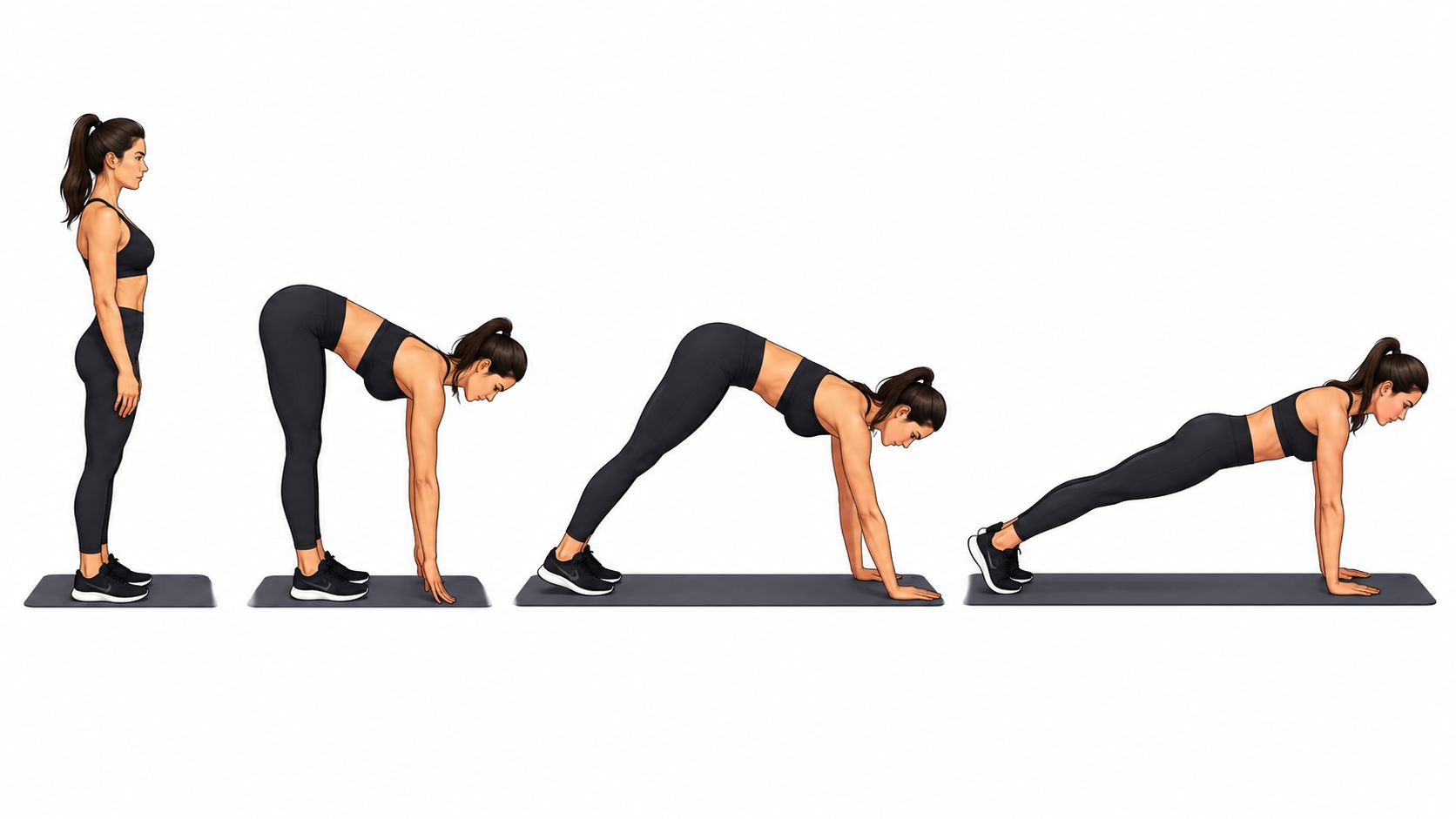 A woman performing a walkout exercise in four stages on a yoga mat against a white background.