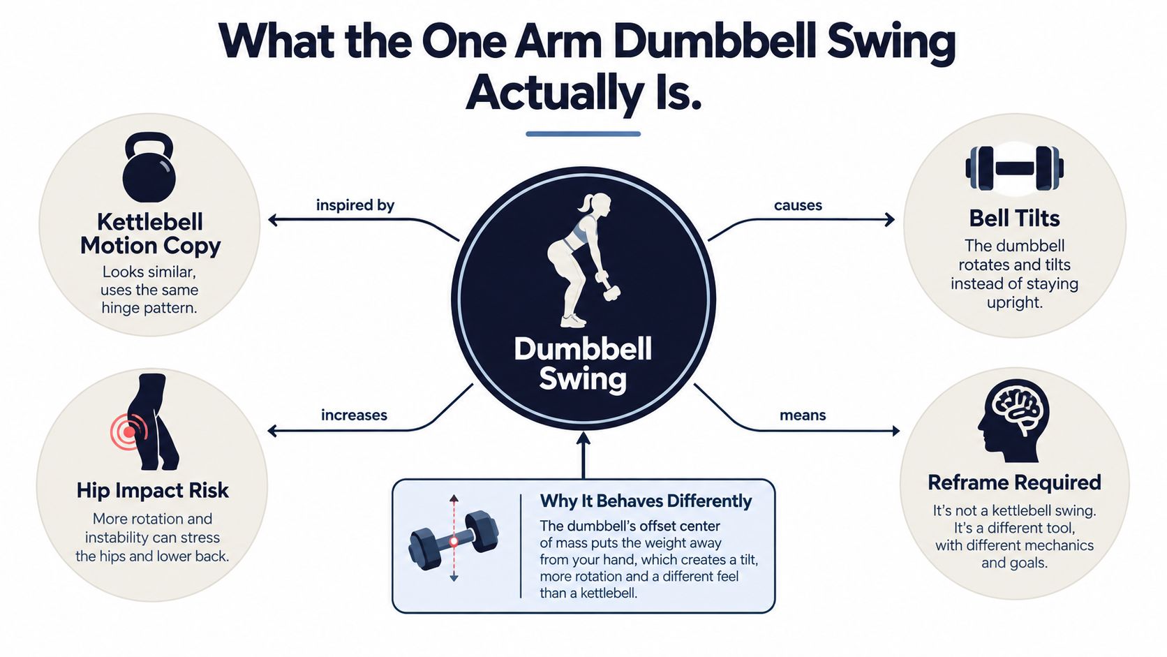 An infographic explaining the mechanics, risks, and differences of the one arm dumbbell swing compared to kettlebells.