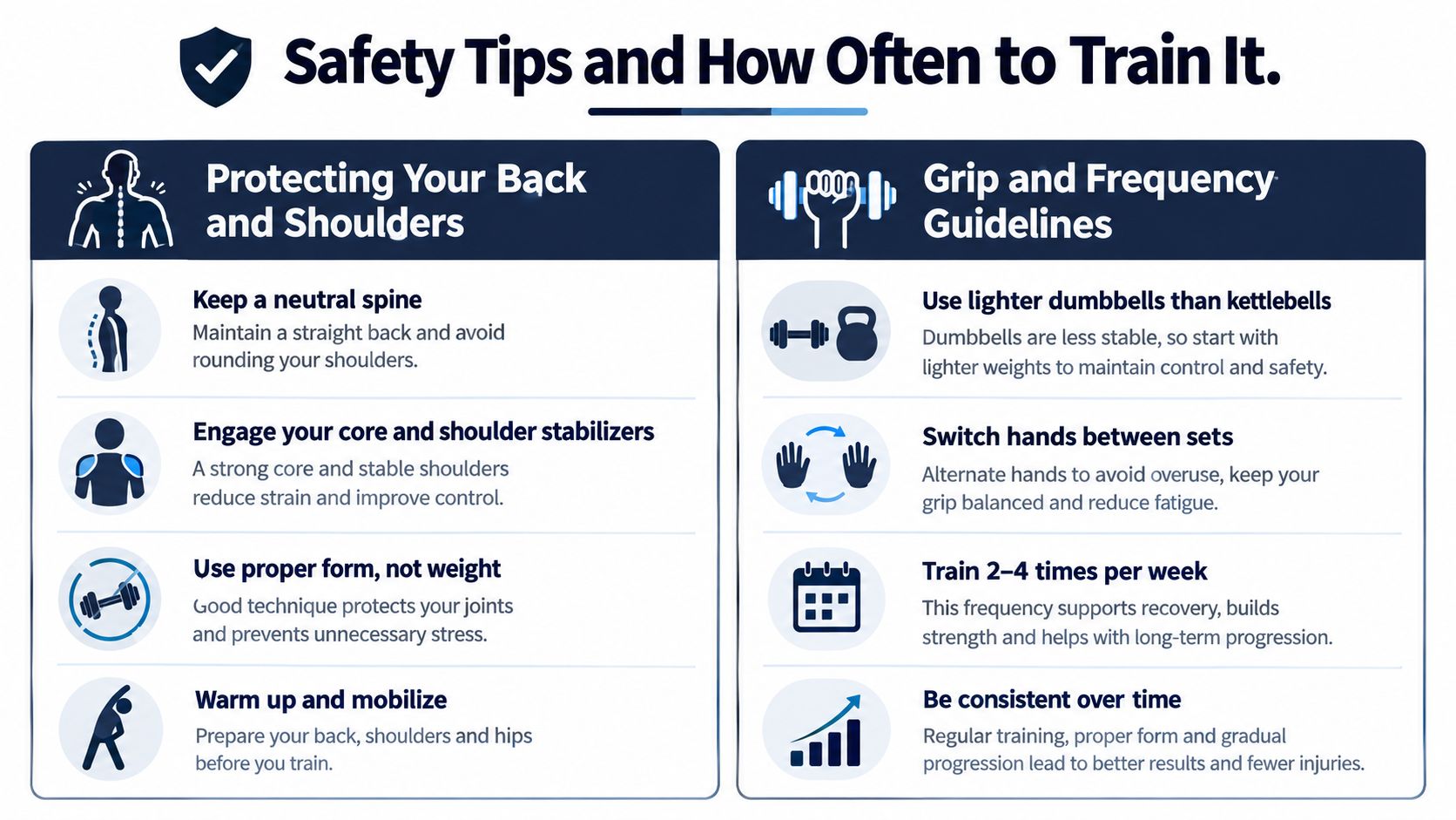 A safety infographic titled Safety Tips and How Often to Train It, detailing weight training precautions.