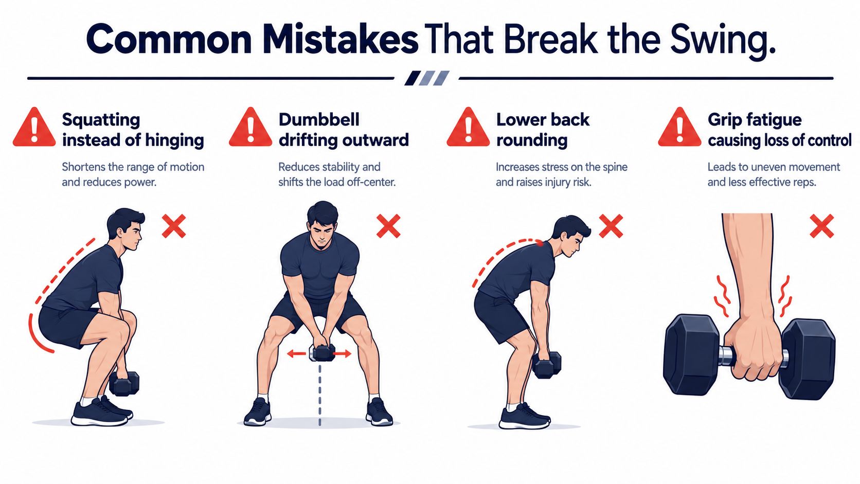 An infographic showing four common exercise form mistakes when performing one arm dumbbell swings to avoid injury.