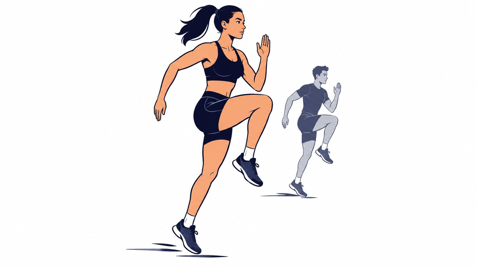 An illustration of a fit woman performing high knee skips while a man follows behind her.