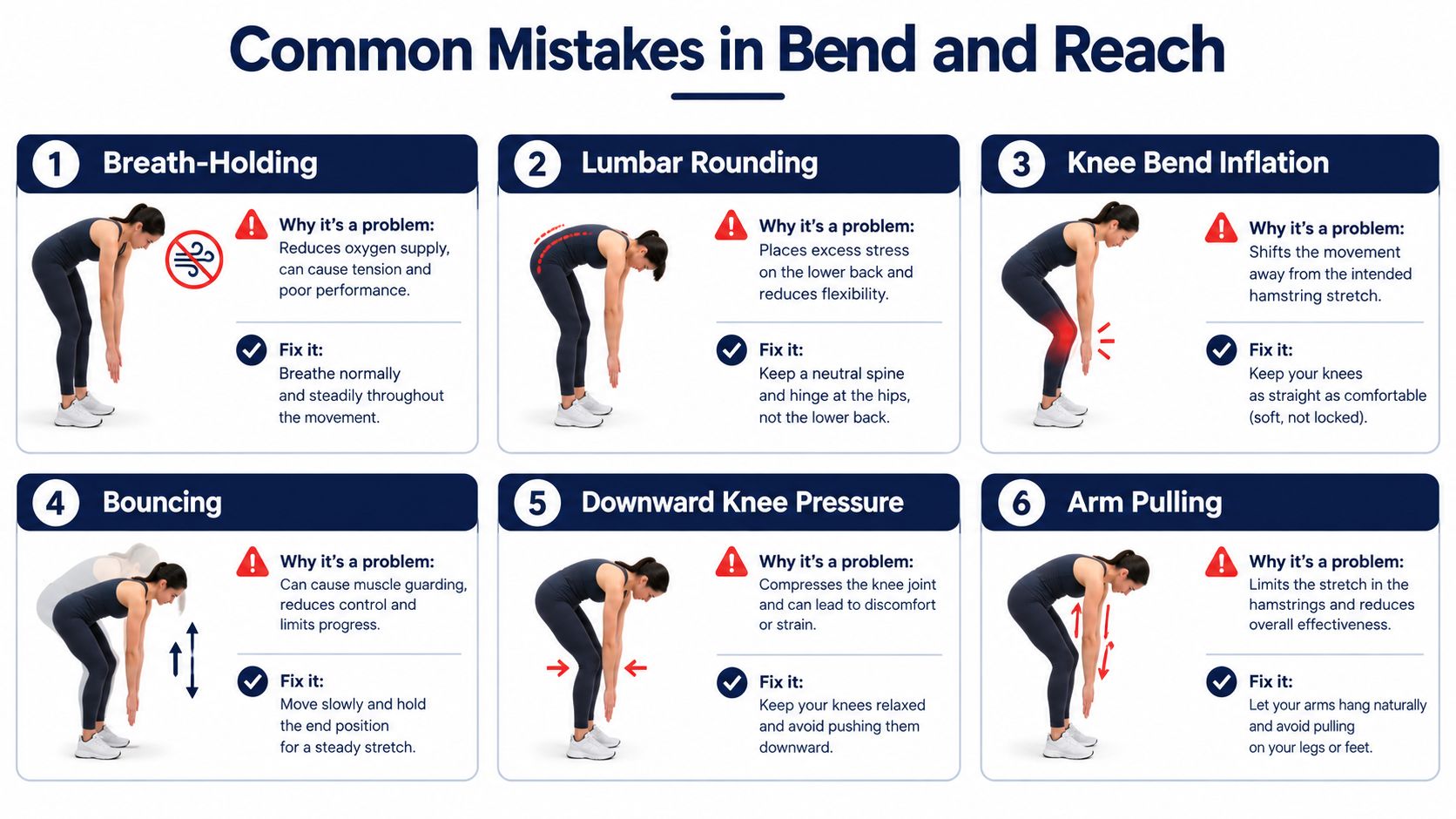 An infographic illustrating six common mistakes to avoid while performing a bend and reach stretching exercise.