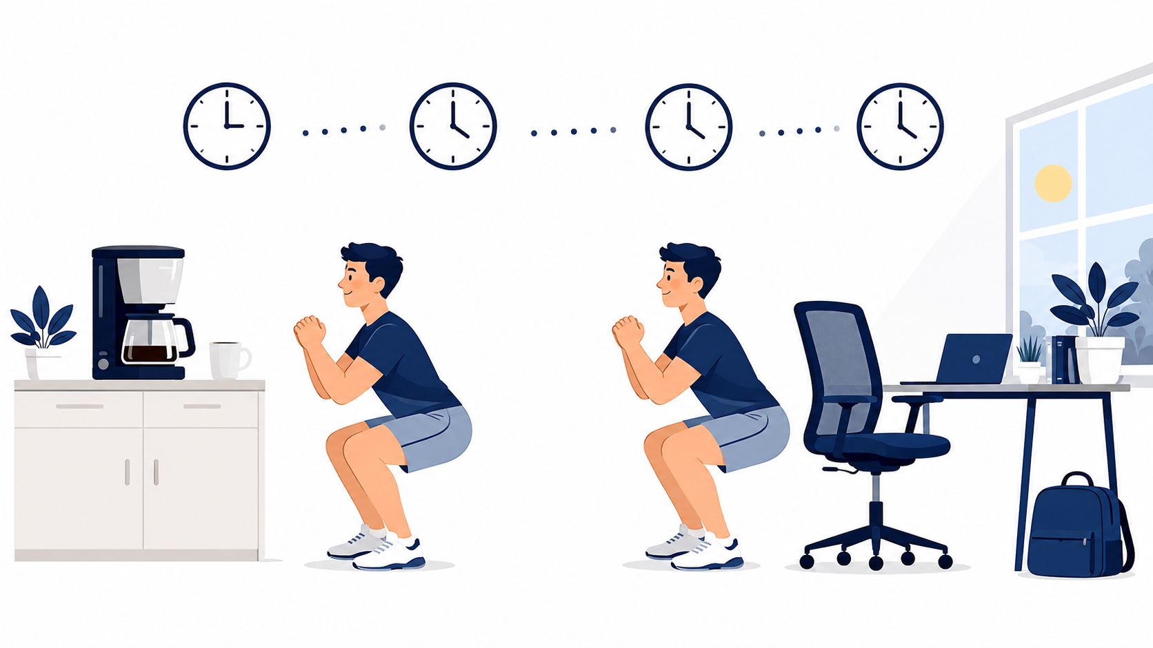 A man performing squats during a workday at the office to illustrate a fitness challenge for beginners.