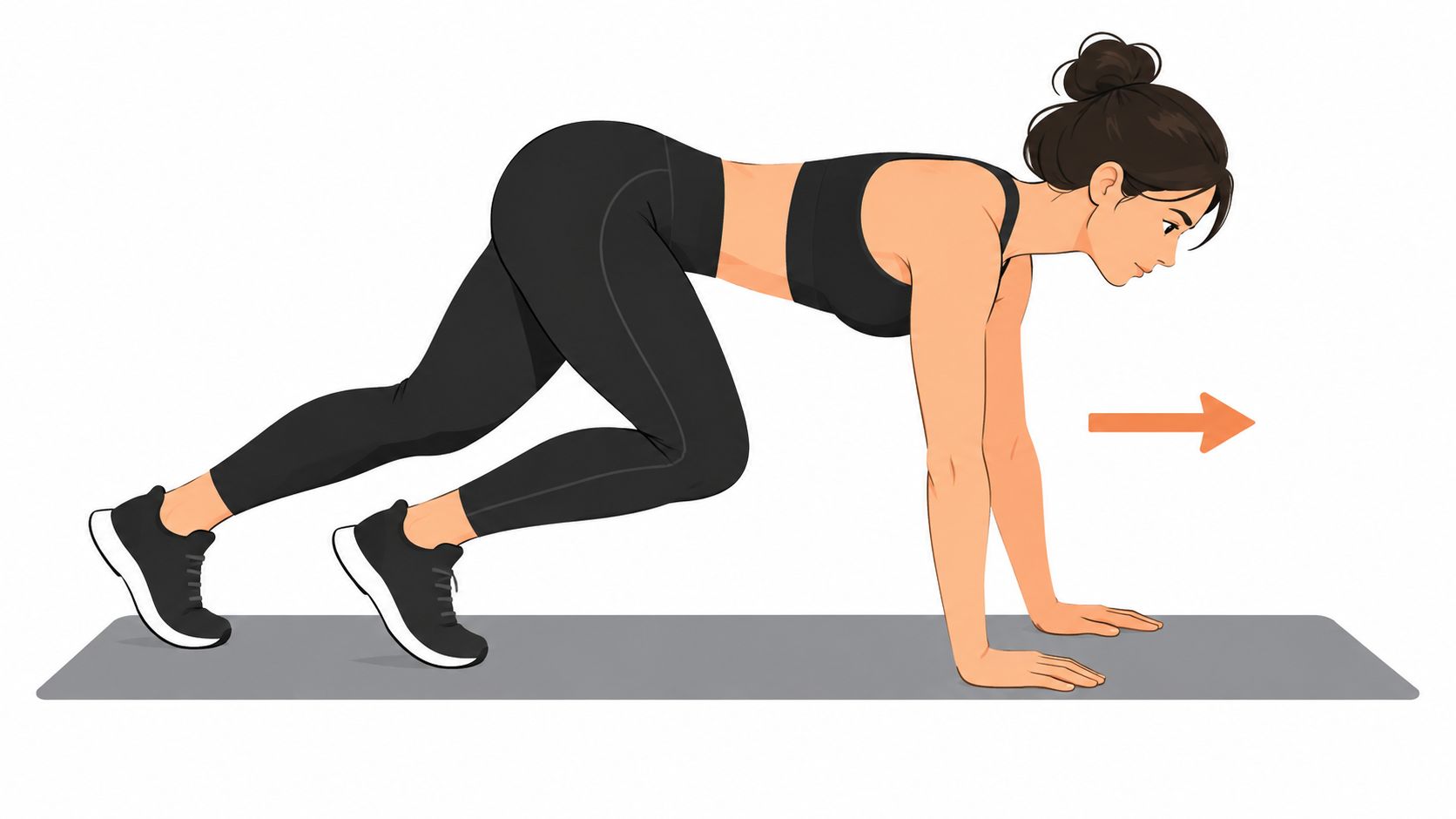 A fit woman performing a bear crawl exercise on a yoga mat in a side profile view.