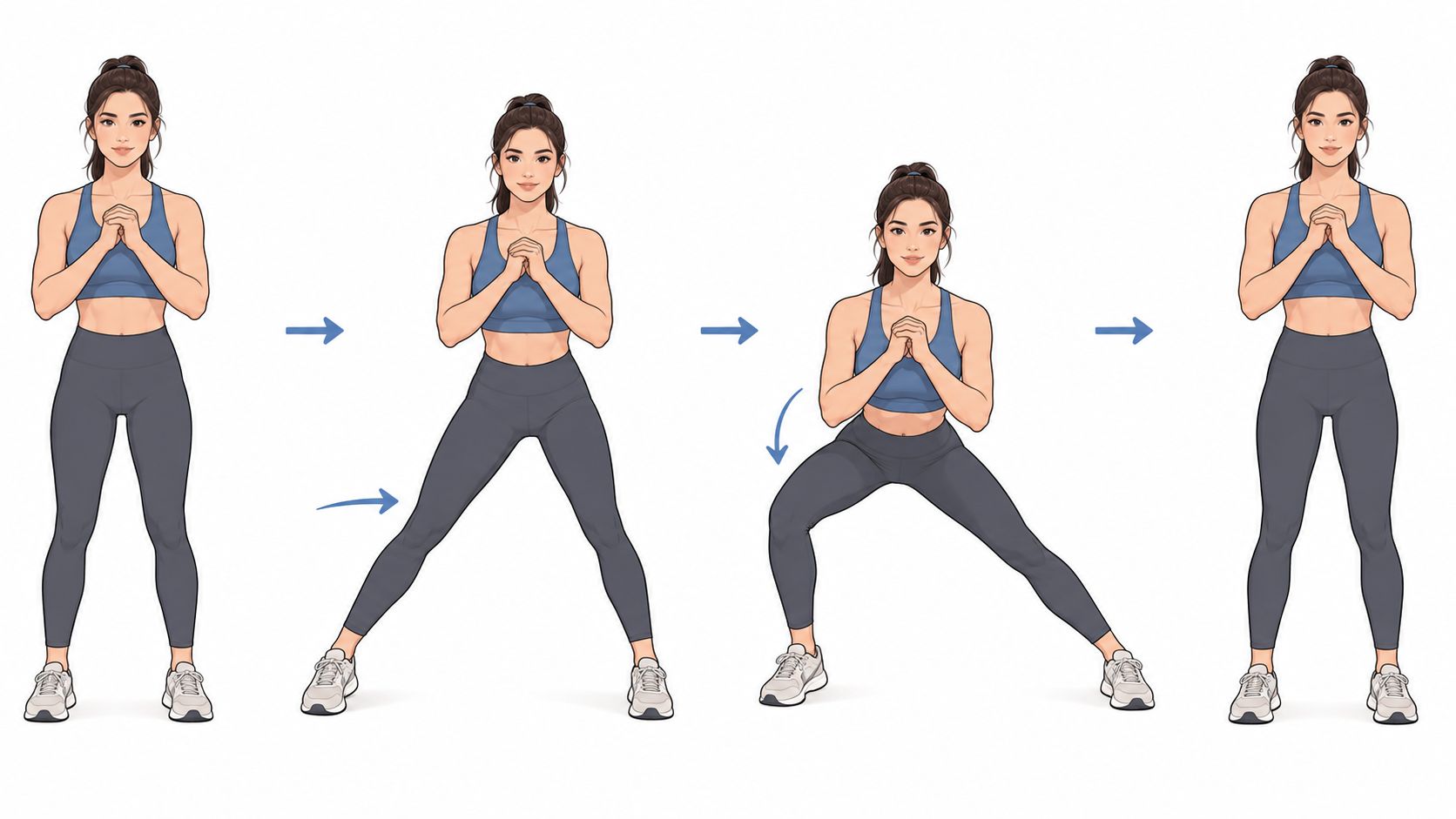 A woman demonstrating the step-by-step progression of alternating side lunges in a fitness workout routine.