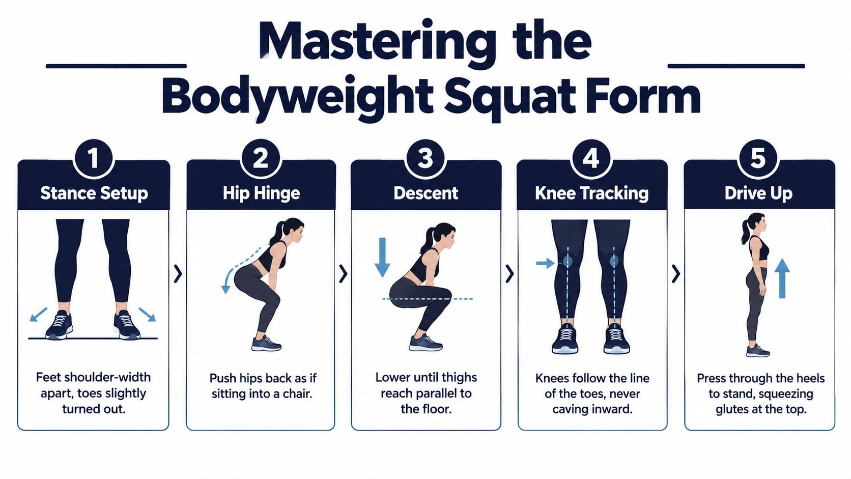 An instructional infographic detailing the five essential steps for performing a proper bodyweight squat correctly.