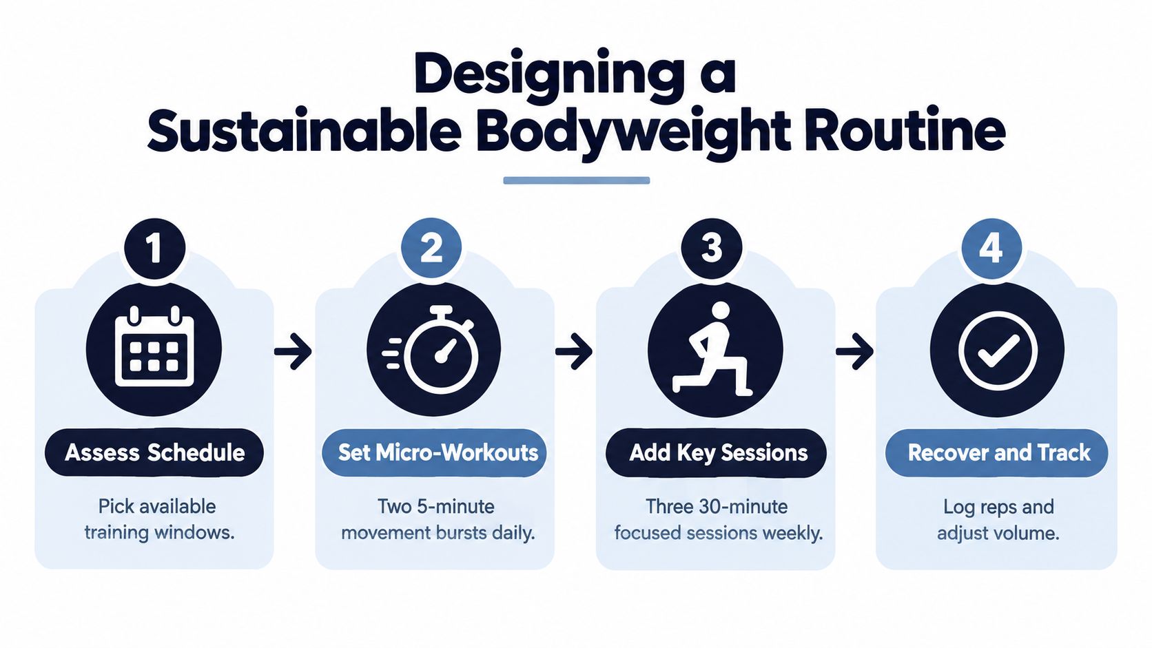 A four-step infographic for designing a sustainable bodyweight fitness routine, including scheduling, micro-workouts, and tracking.
