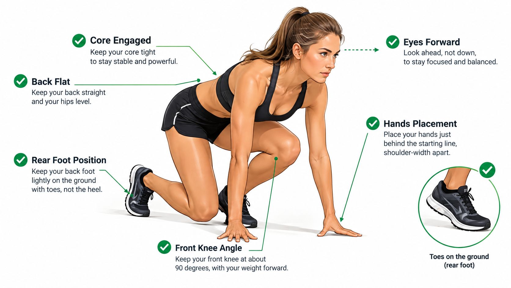A female athlete demonstrating proper starting block stance with annotations on form, posture, and technique.