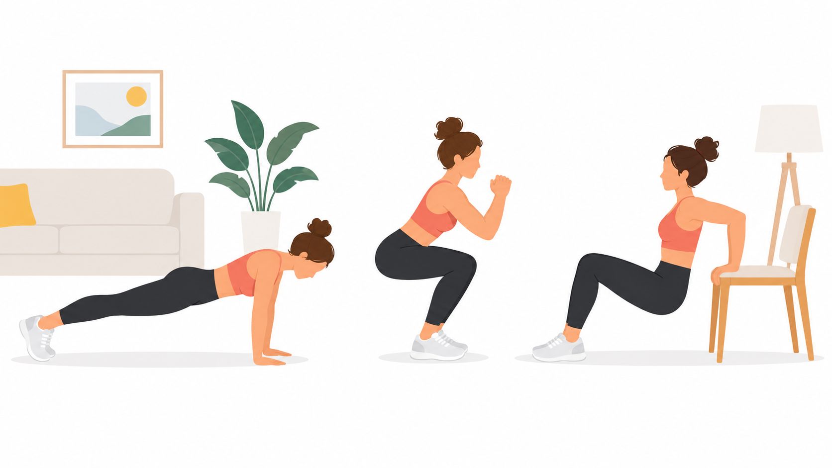 A woman performing different exercises like planks, squats, and chair dips during an at home workout.