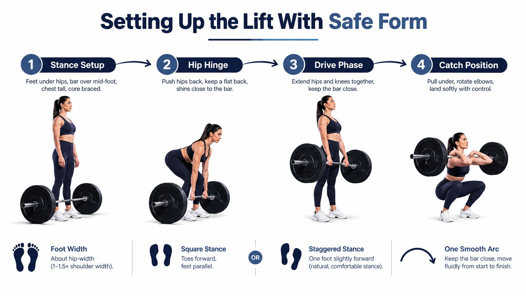 A four-step infographic illustrating the proper form for executing a barbell clean or similar lift safely.